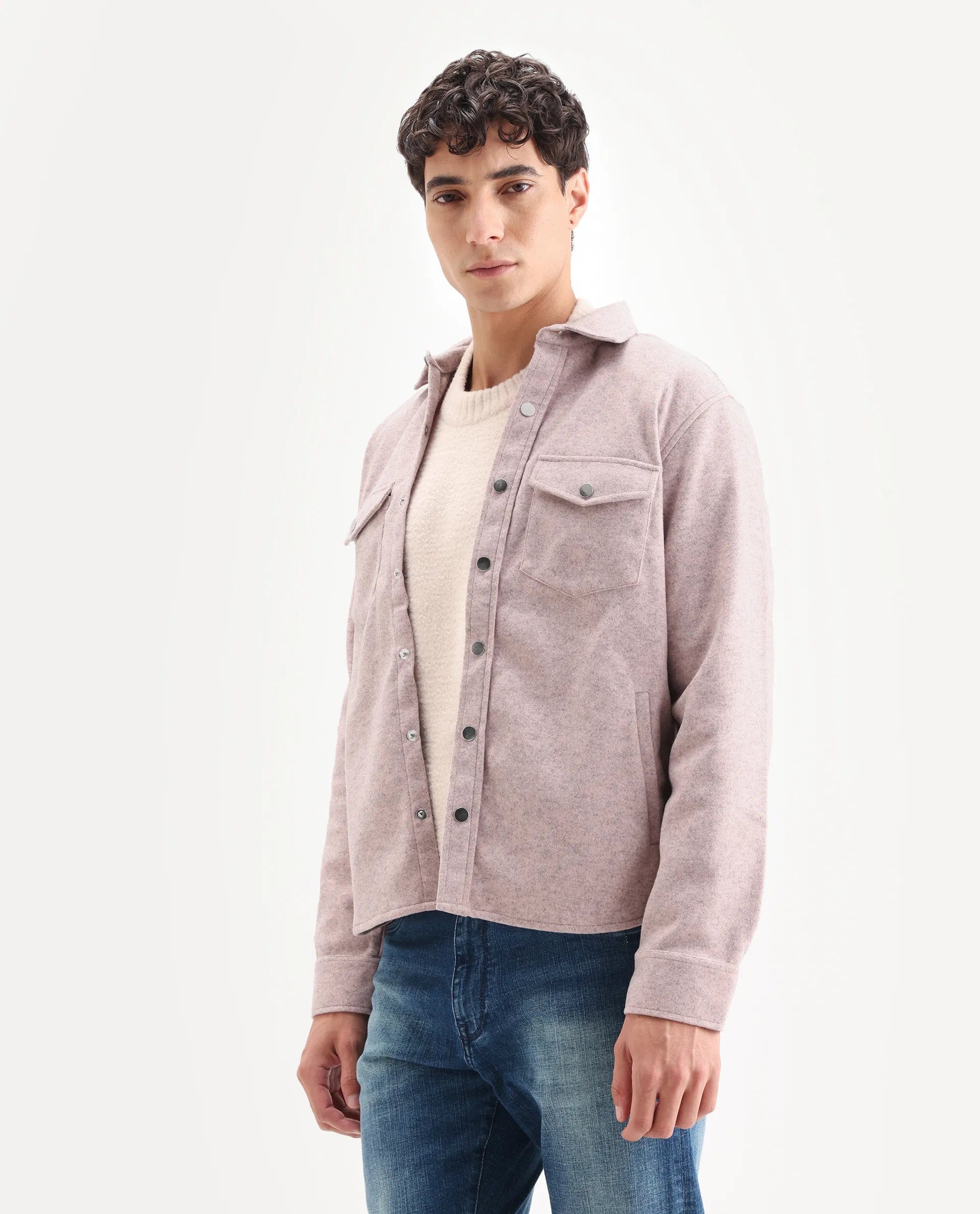 RARE Rabbit Men's Cason Light Pink Polyester Plain Regular Fit Full Sleeve Spread Collar Jacket