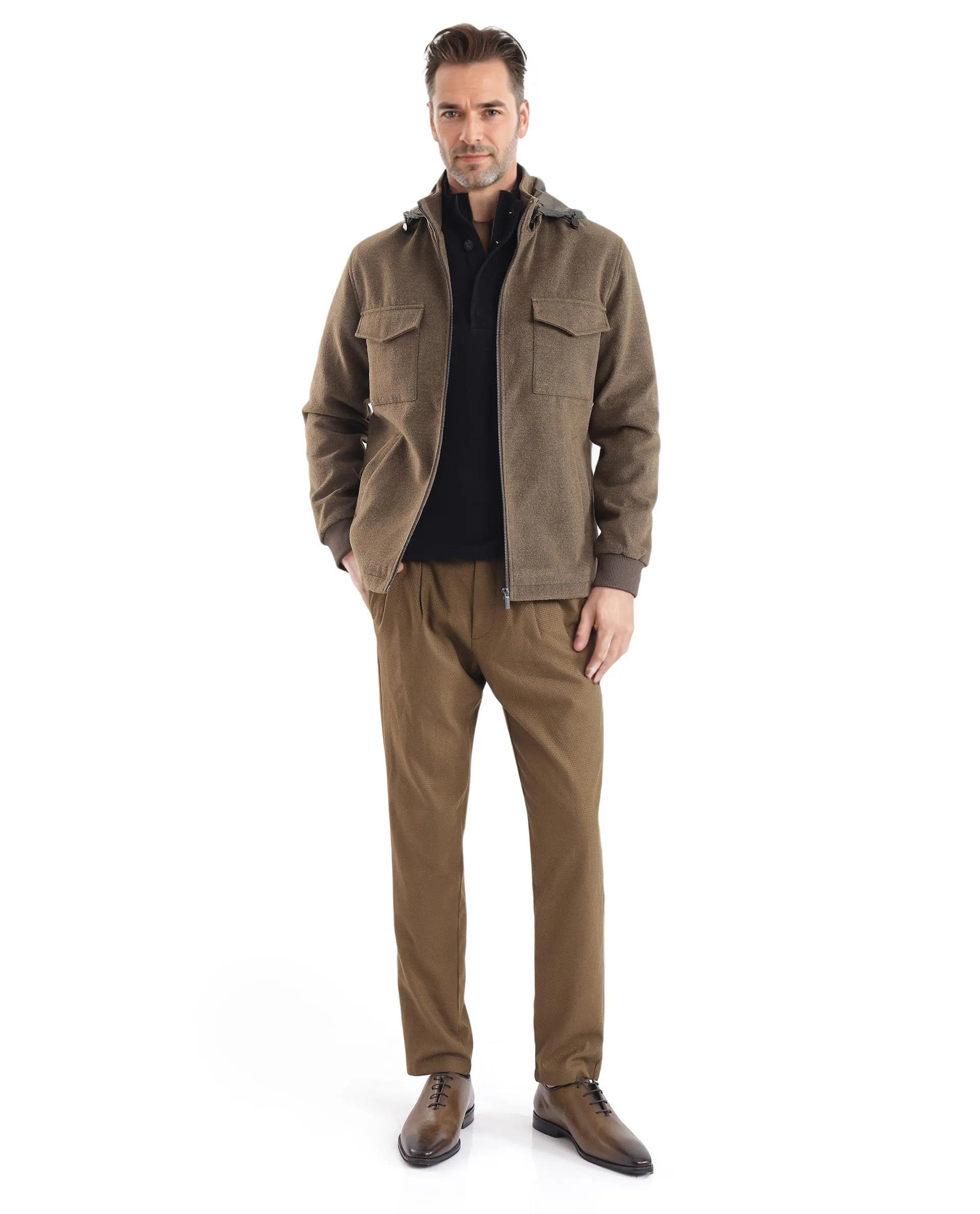 RARE Rabbit Men's Meron Olive Polyester Textured Relaxed Fit Full Sleeve Hooded Jacket