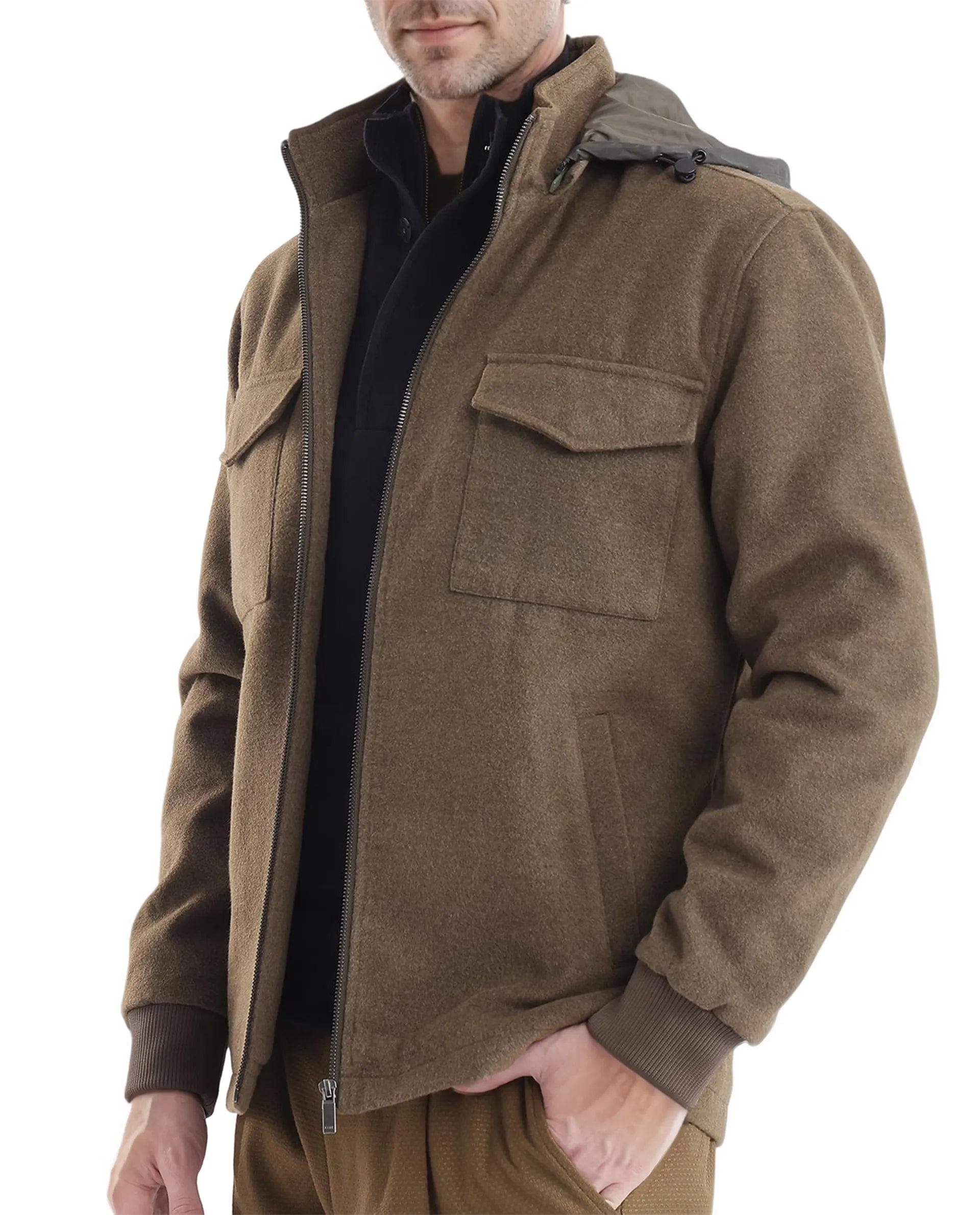 RARE Rabbit Men's Meron Olive Polyester Textured Relaxed Fit Full Sleeve Hooded Jacket