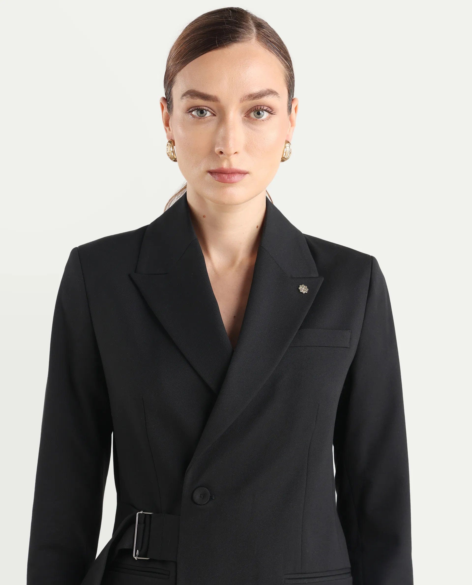 Rareism Women's Arcadia - T Black Polyester Blend Full Sleeve Lapel Collar Plain Blazer