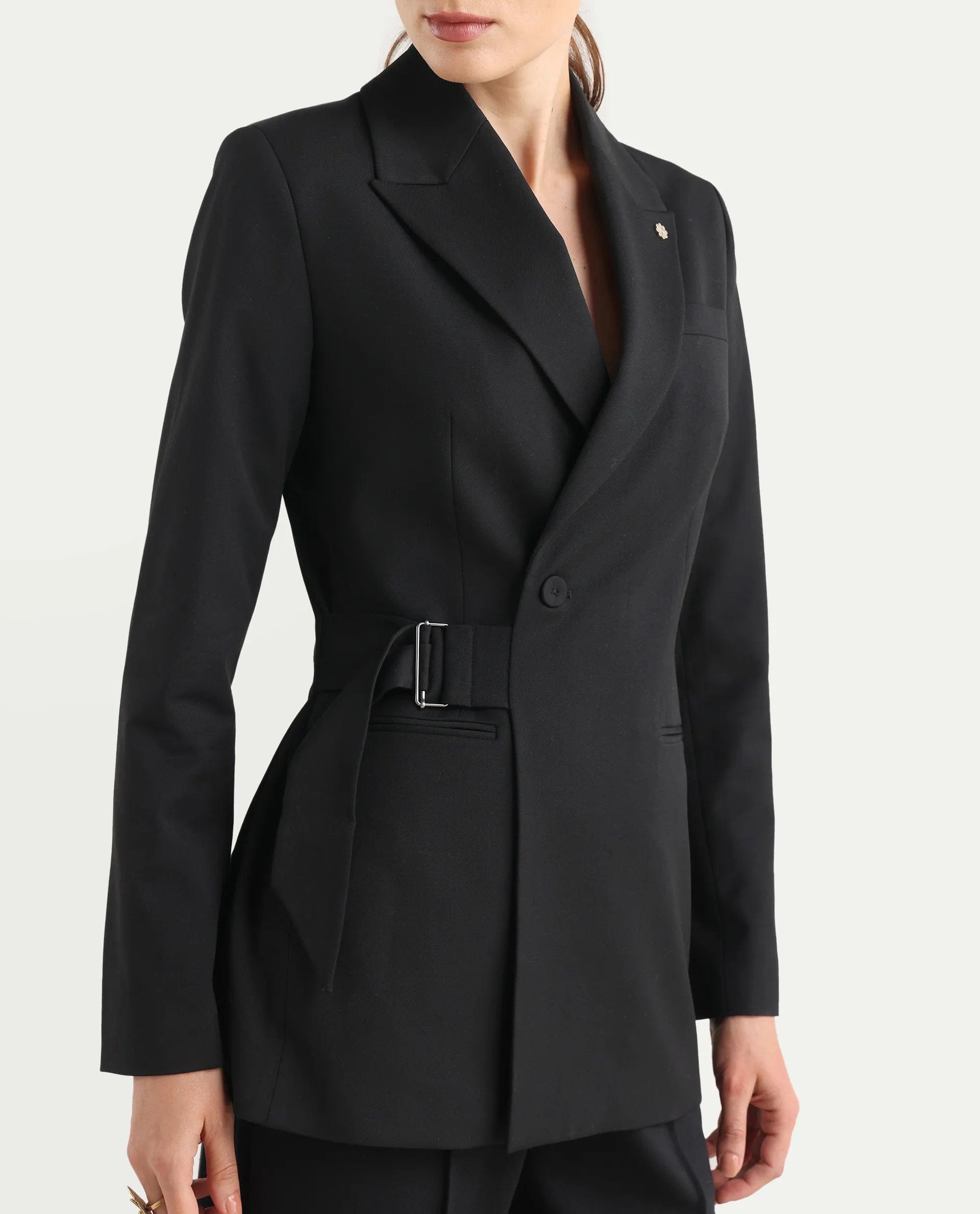 Rareism Women's Arcadia - T Black Polyester Blend Full Sleeve Lapel Collar Plain Blazer