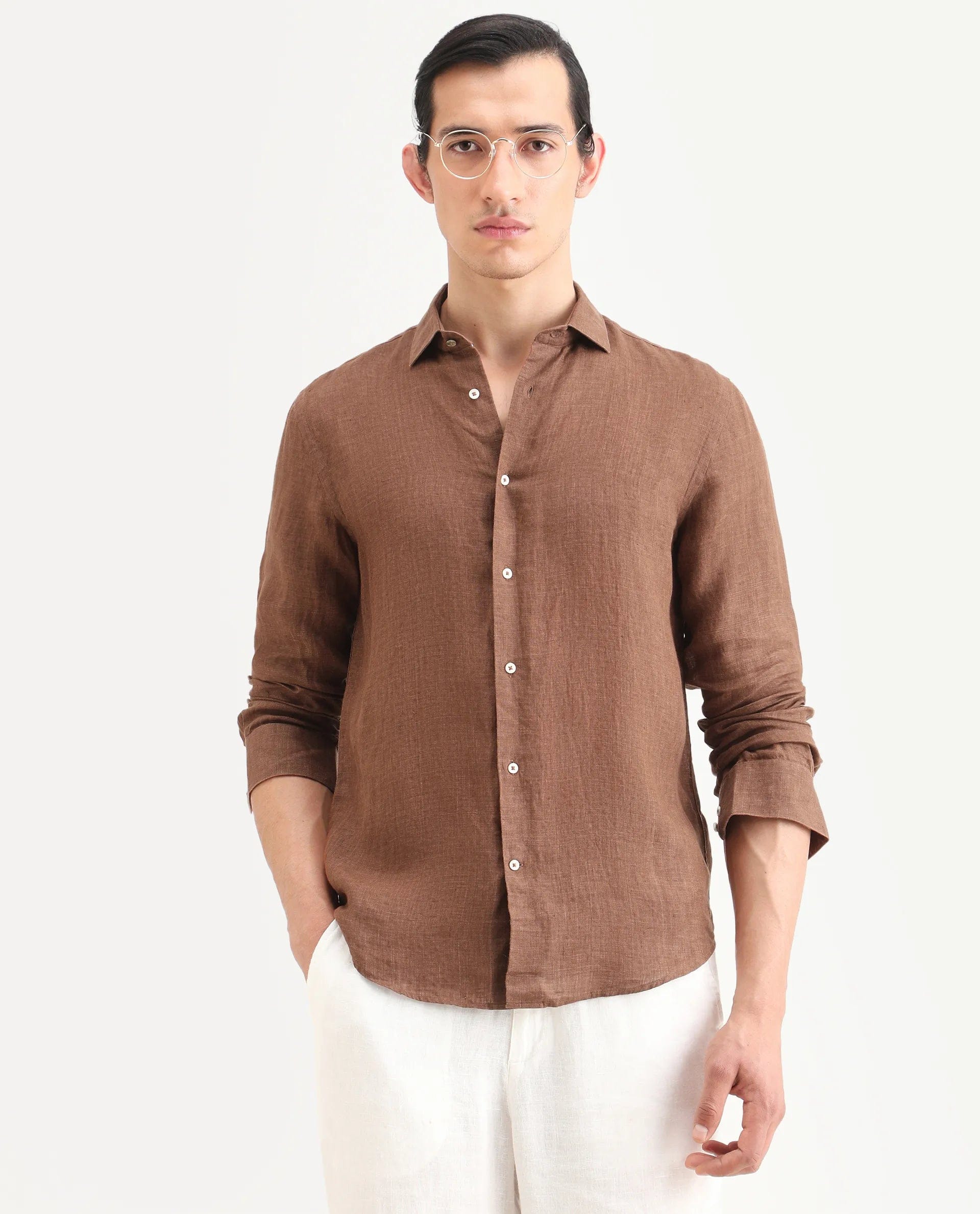 RARE Rabbit Men's Borium - 25 Brown 100% Linen Fabric Spread Collar Regular Fit Plain Shirt