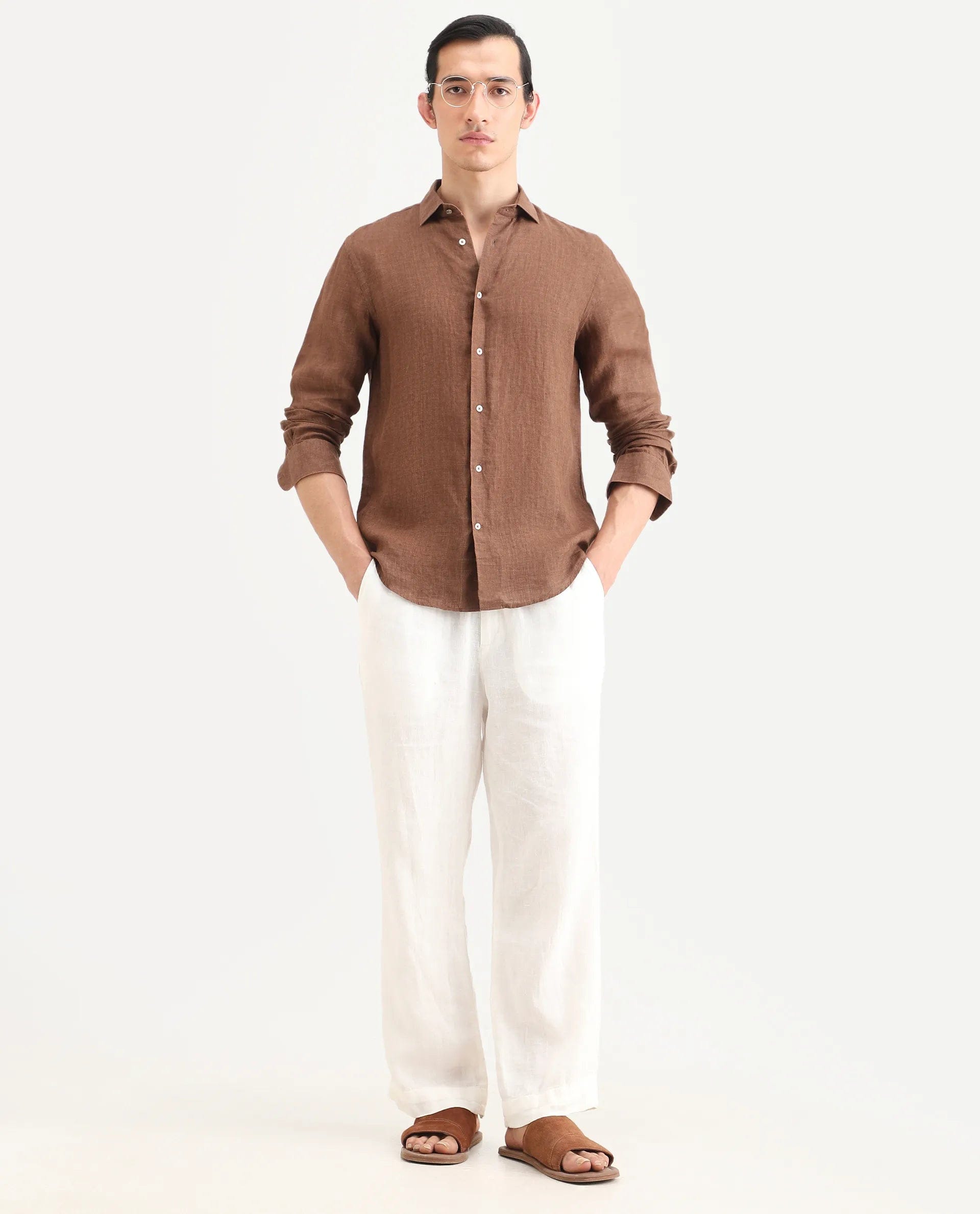 RARE Rabbit Men's Borium - 25 Brown 100% Linen Fabric Spread Collar Regular Fit Plain Shirt