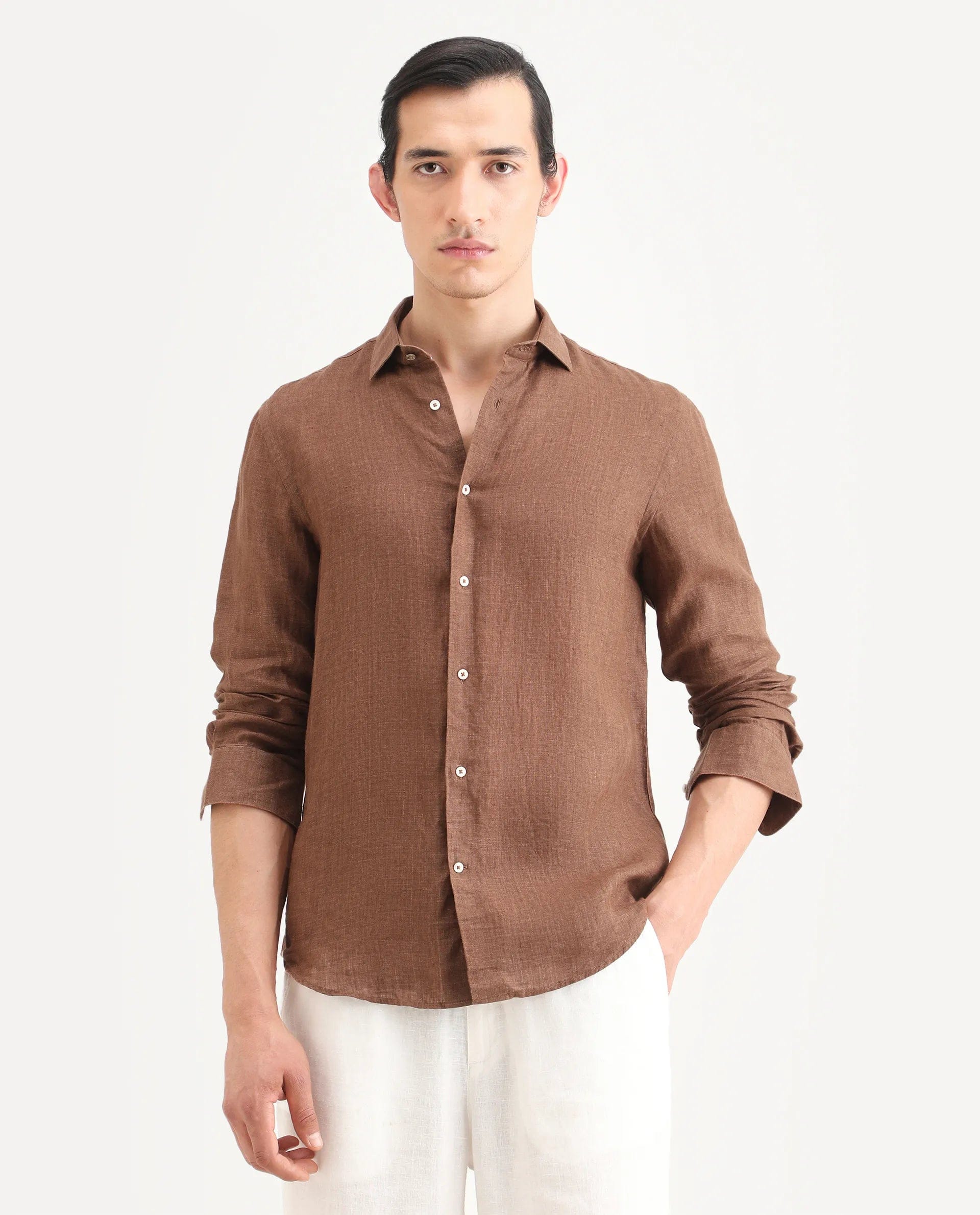 RARE Rabbit Men's Borium - 25 Brown 100% Linen Fabric Spread Collar Regular Fit Plain Shirt