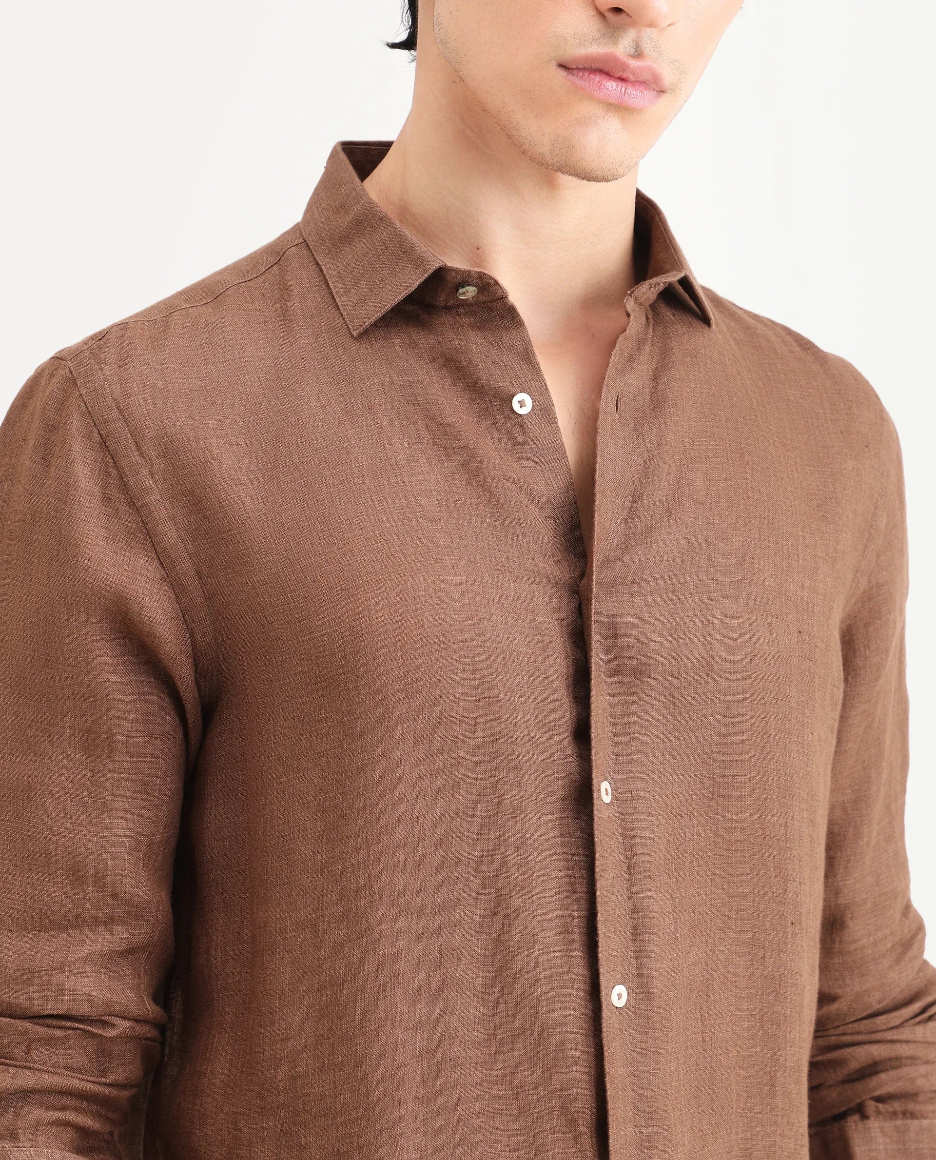 RARE Rabbit Men's Borium - 25 Brown 100% Linen Fabric Spread Collar Regular Fit Plain Shirt