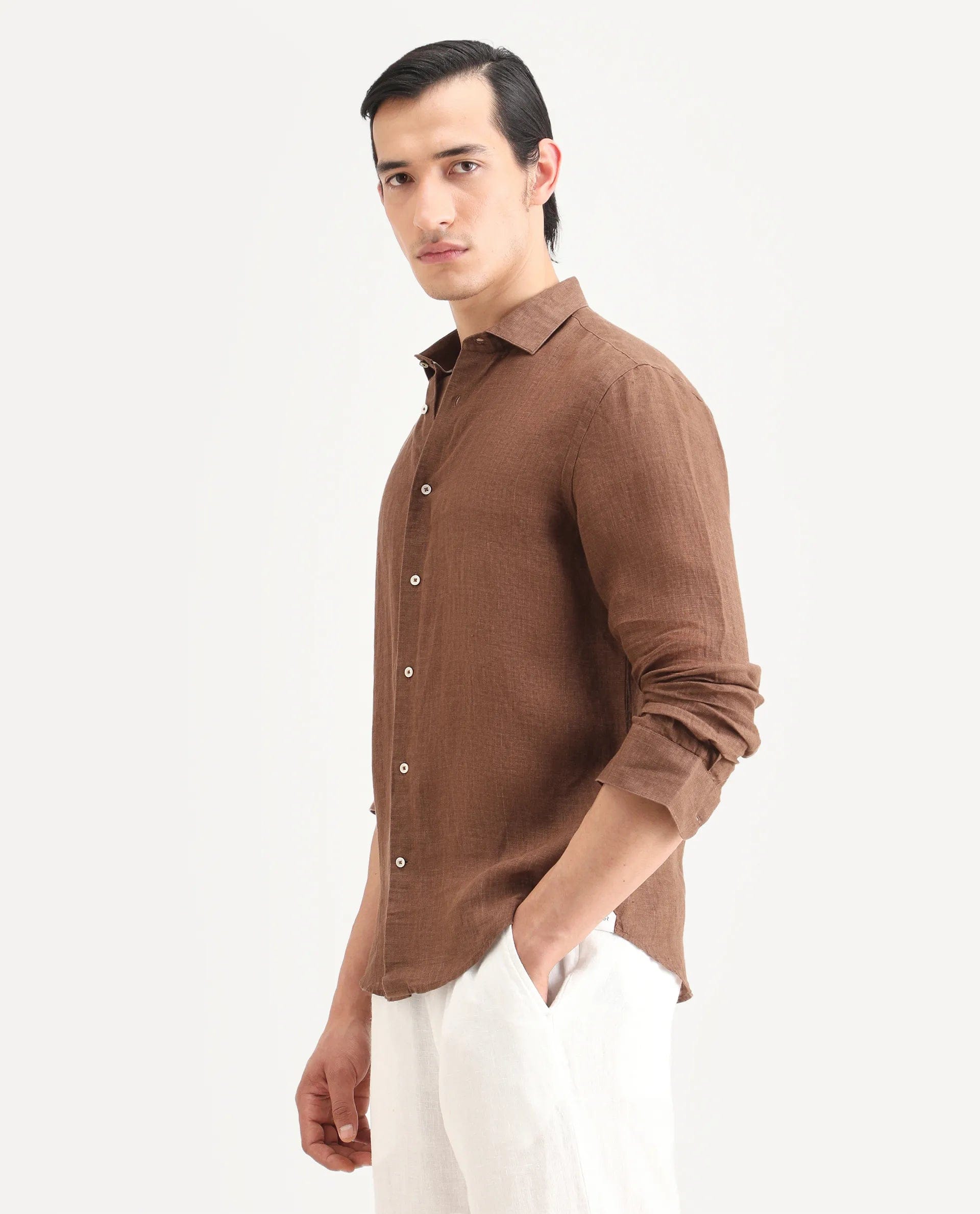 RARE Rabbit Men's Borium - 25 Brown 100% Linen Fabric Spread Collar Regular Fit Plain Shirt