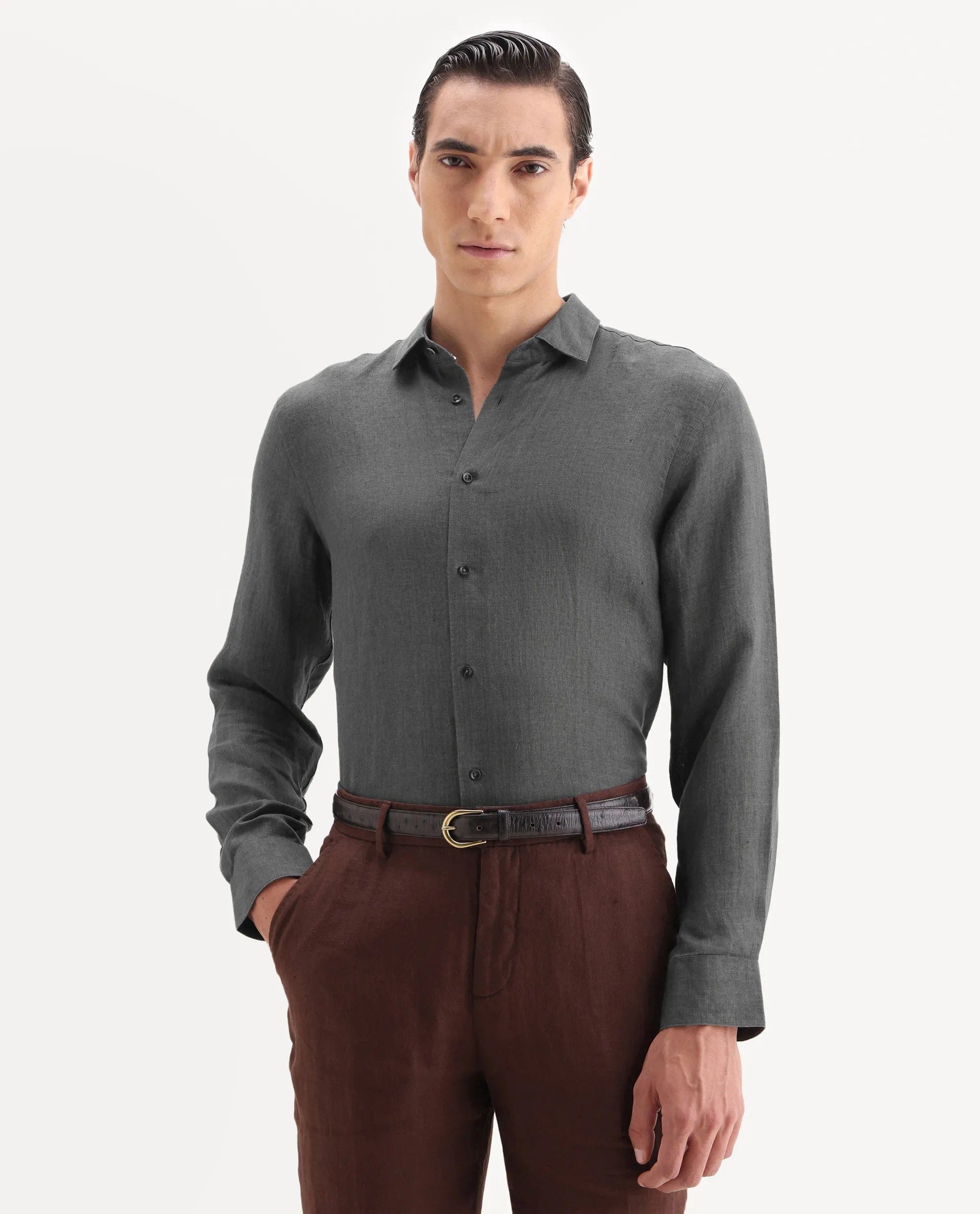 RARE Rabbit Men's Borium - 25 Grey 100% Linen Fabric Spread Collar Regular Fit Plain Shirt