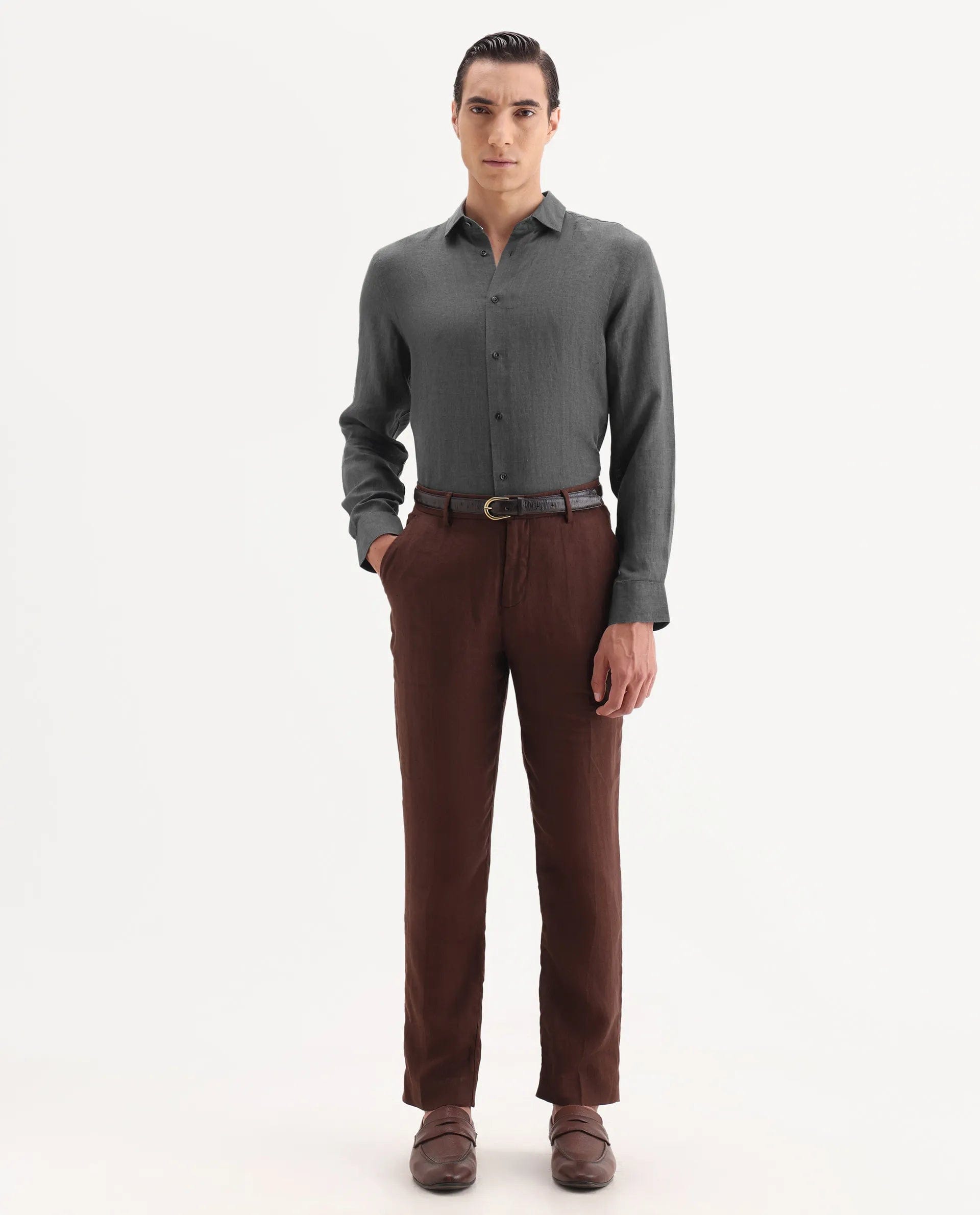 RARE Rabbit Men's Borium - 25 Grey 100% Linen Fabric Spread Collar Regular Fit Plain Shirt
