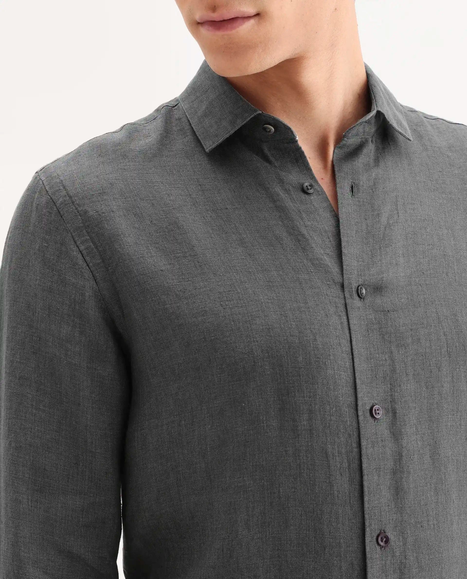 RARE Rabbit Men's Borium - 25 Grey 100% Linen Fabric Spread Collar Regular Fit Plain Shirt