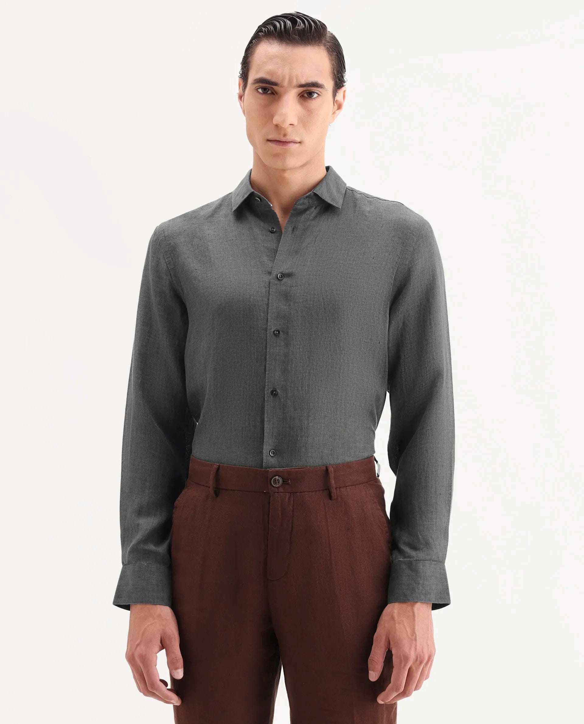 RARE Rabbit Men's Borium - 25 Grey 100% Linen Fabric Spread Collar Regular Fit Plain Shirt