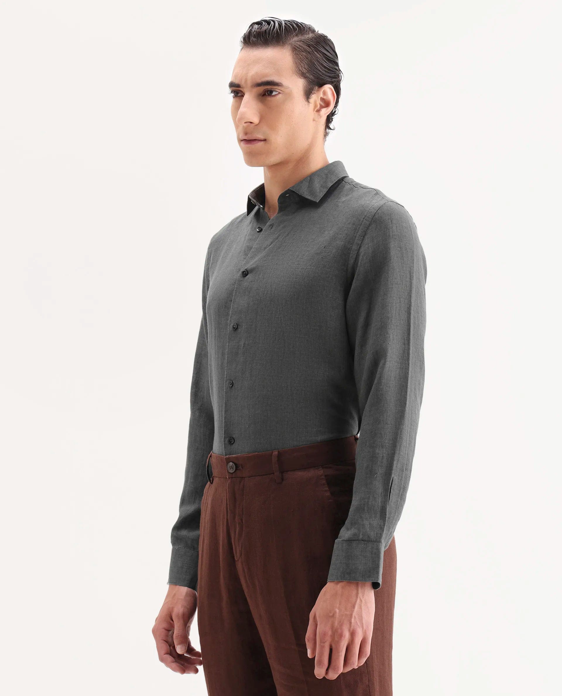 RARE Rabbit Men's Borium - 25 Grey 100% Linen Fabric Spread Collar Regular Fit Plain Shirt