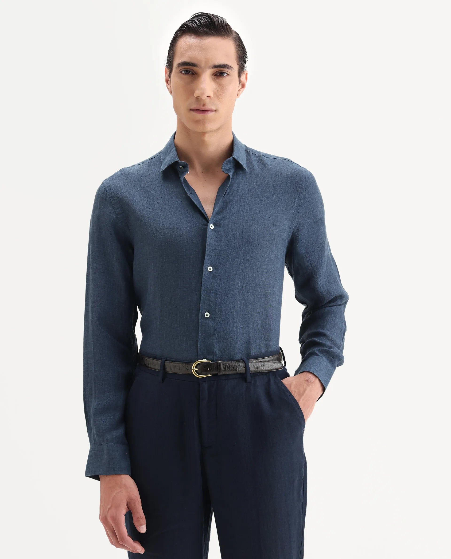 RARE Rabbit Men's Borium - 25 Navy 100% Linen Fabric Spread Collar Regular Fit Plain Shirt