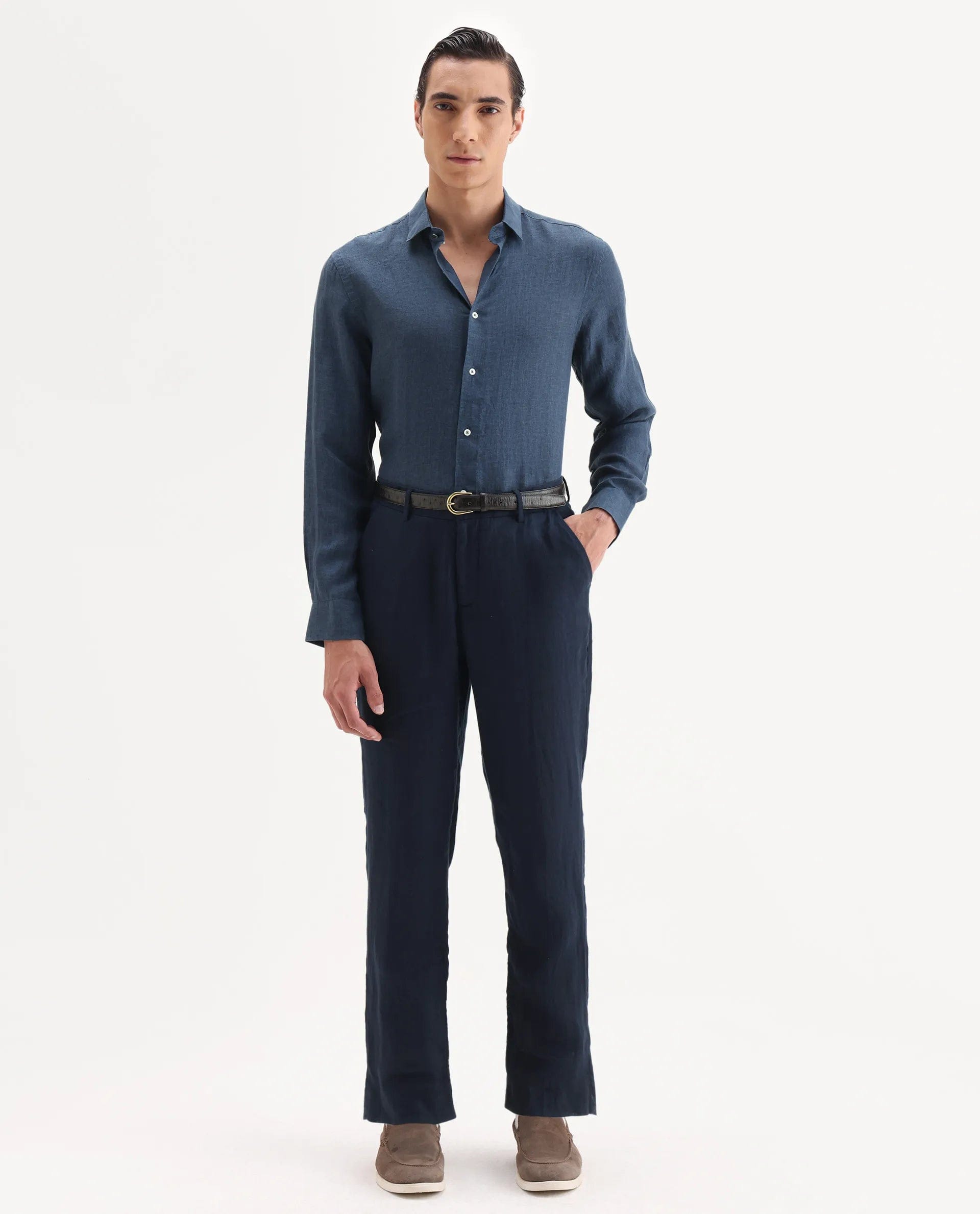 RARE Rabbit Men's Borium - 25 Navy 100% Linen Fabric Spread Collar Regular Fit Plain Shirt