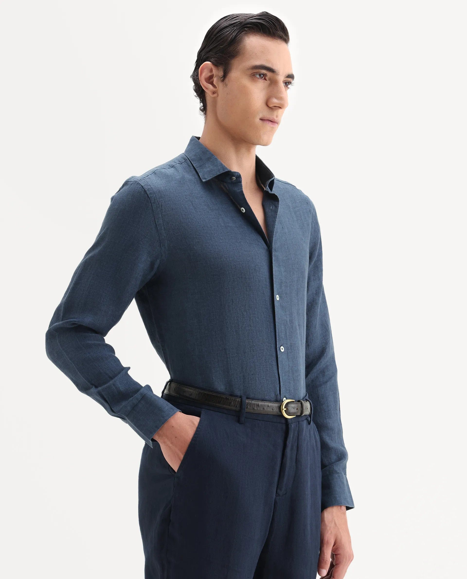 RARE Rabbit Men's Borium - 25 Navy 100% Linen Fabric Spread Collar Regular Fit Plain Shirt