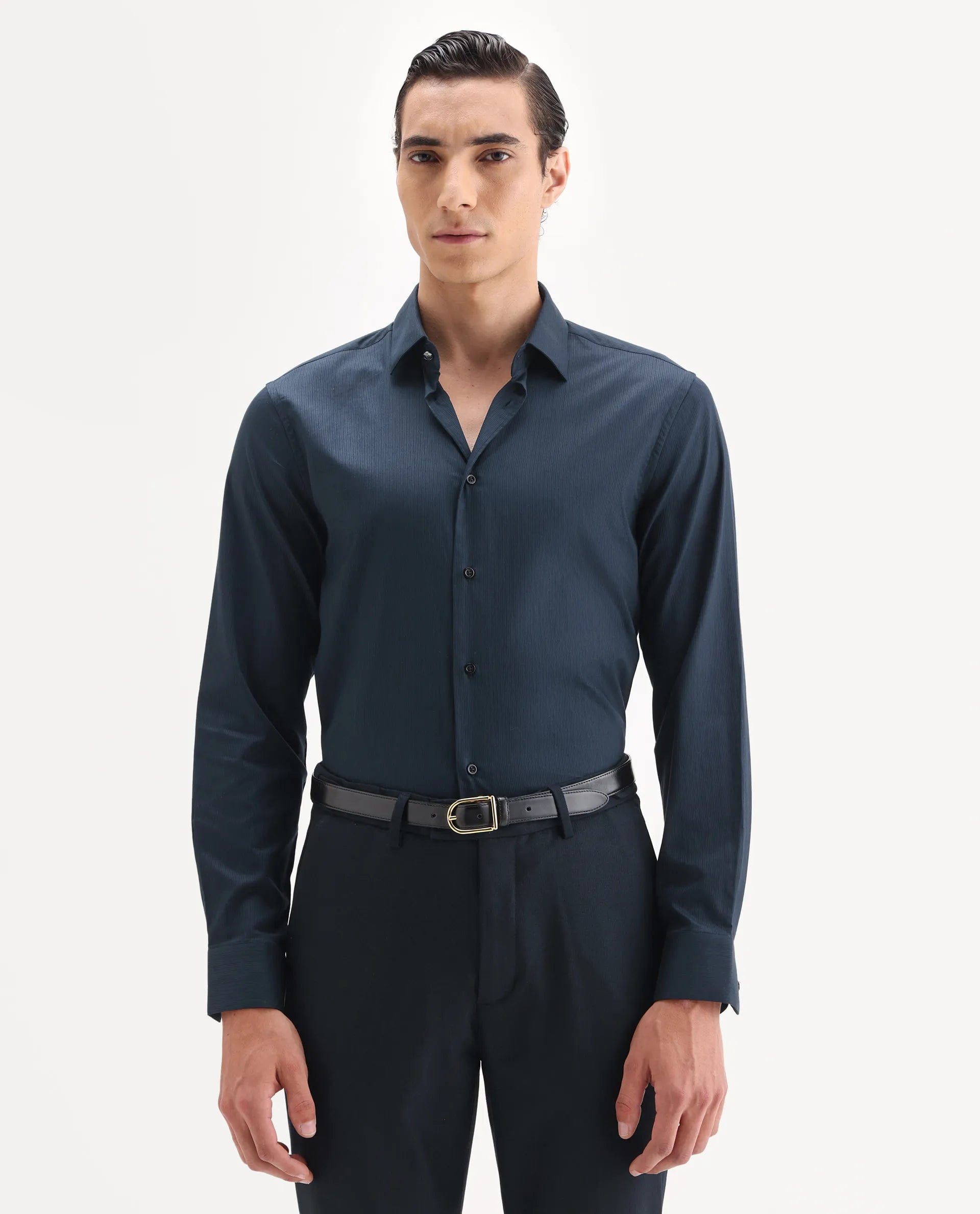 RARE Rabbit Men's Borium - 25 Navy 100% Linen Fabric Spread Collar Regular Fit Plain Shirt