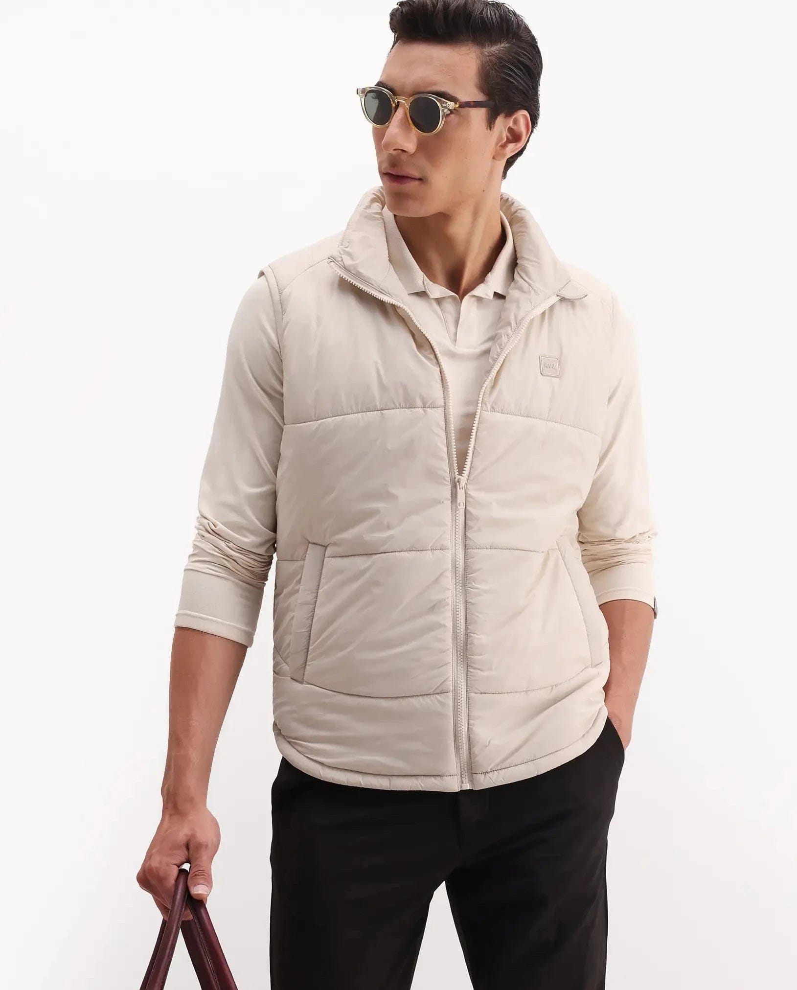 RARE Rabbit Men's Berry - 25 Beige Polyester Fabric Sleeveless High Neck Plain Puffer Jacket