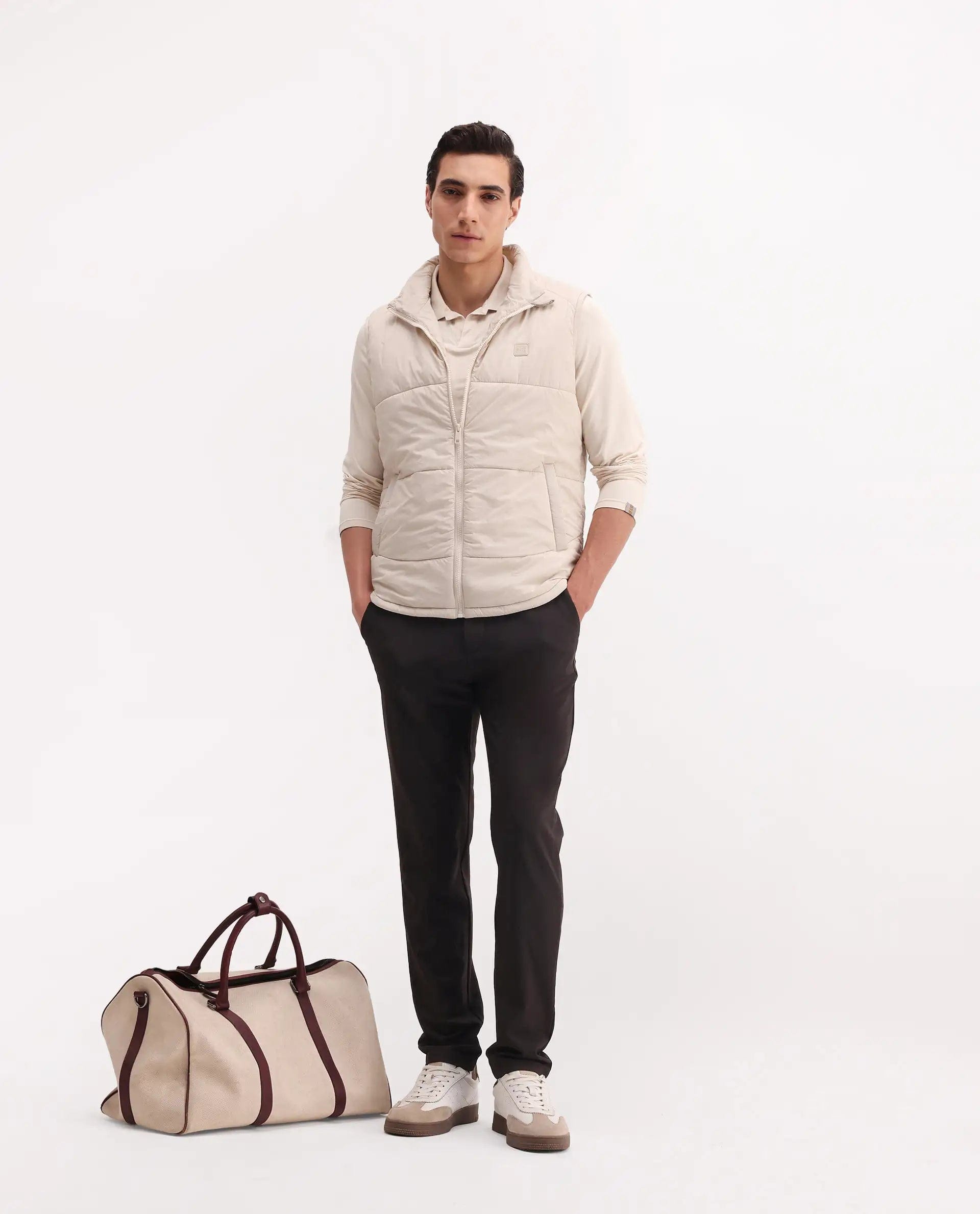 RARE Rabbit Men's Berry - 25 Beige Polyester Fabric Sleeveless High Neck Plain Puffer Jacket