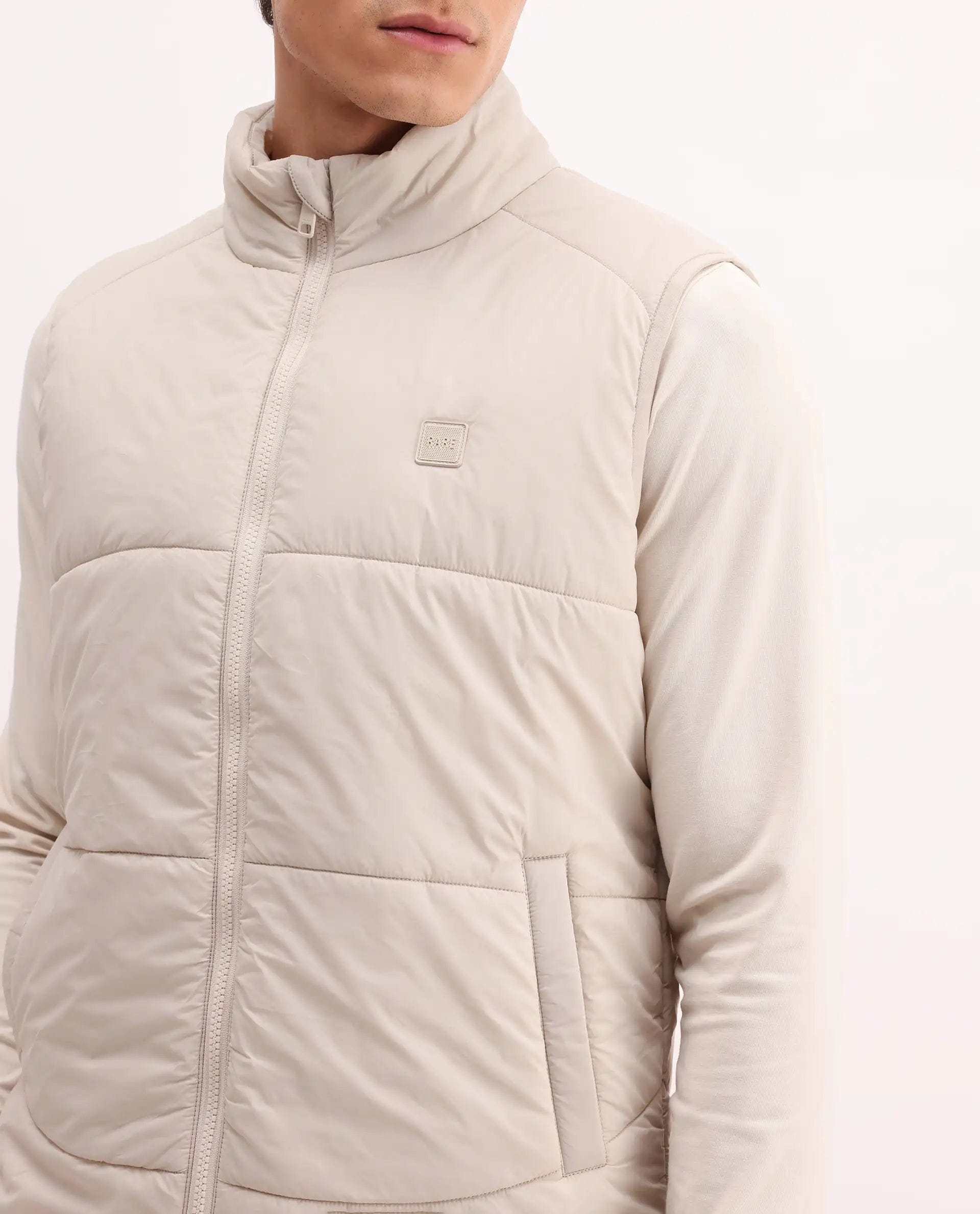 RARE Rabbit Men's Berry - 25 Beige Polyester Fabric Sleeveless High Neck Plain Puffer Jacket