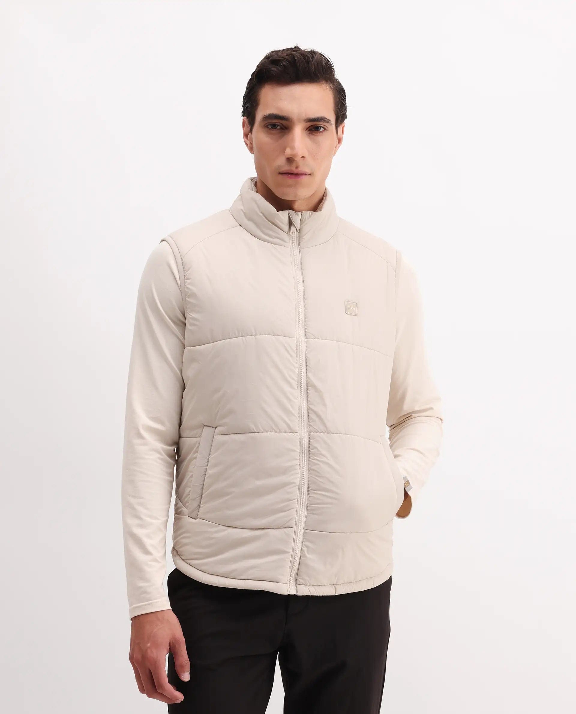 RARE Rabbit Men's Berry - 25 Beige Polyester Fabric Sleeveless High Neck Plain Puffer Jacket