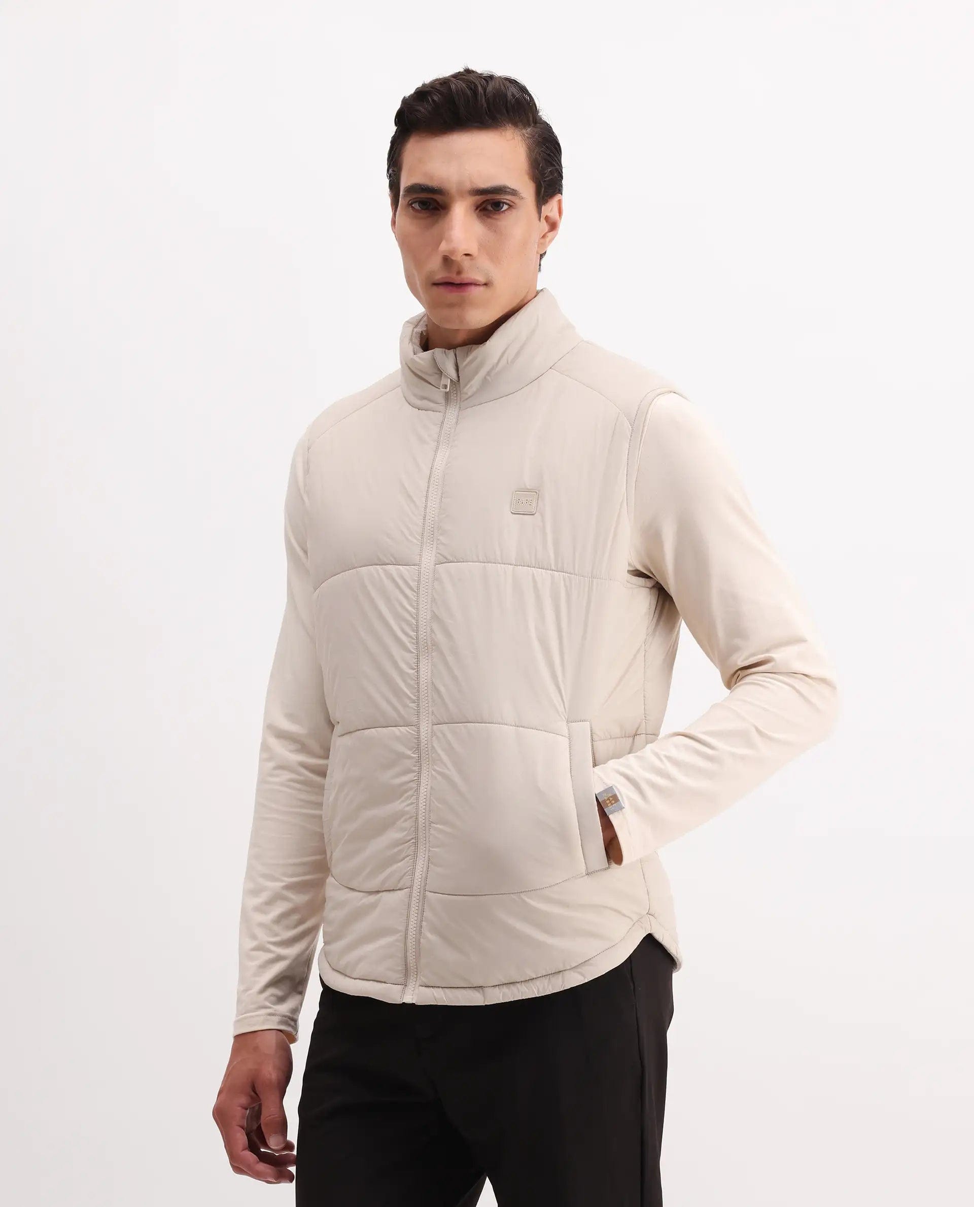 RARE Rabbit Men's Berry - 25 Beige Polyester Fabric Sleeveless High Neck Plain Puffer Jacket