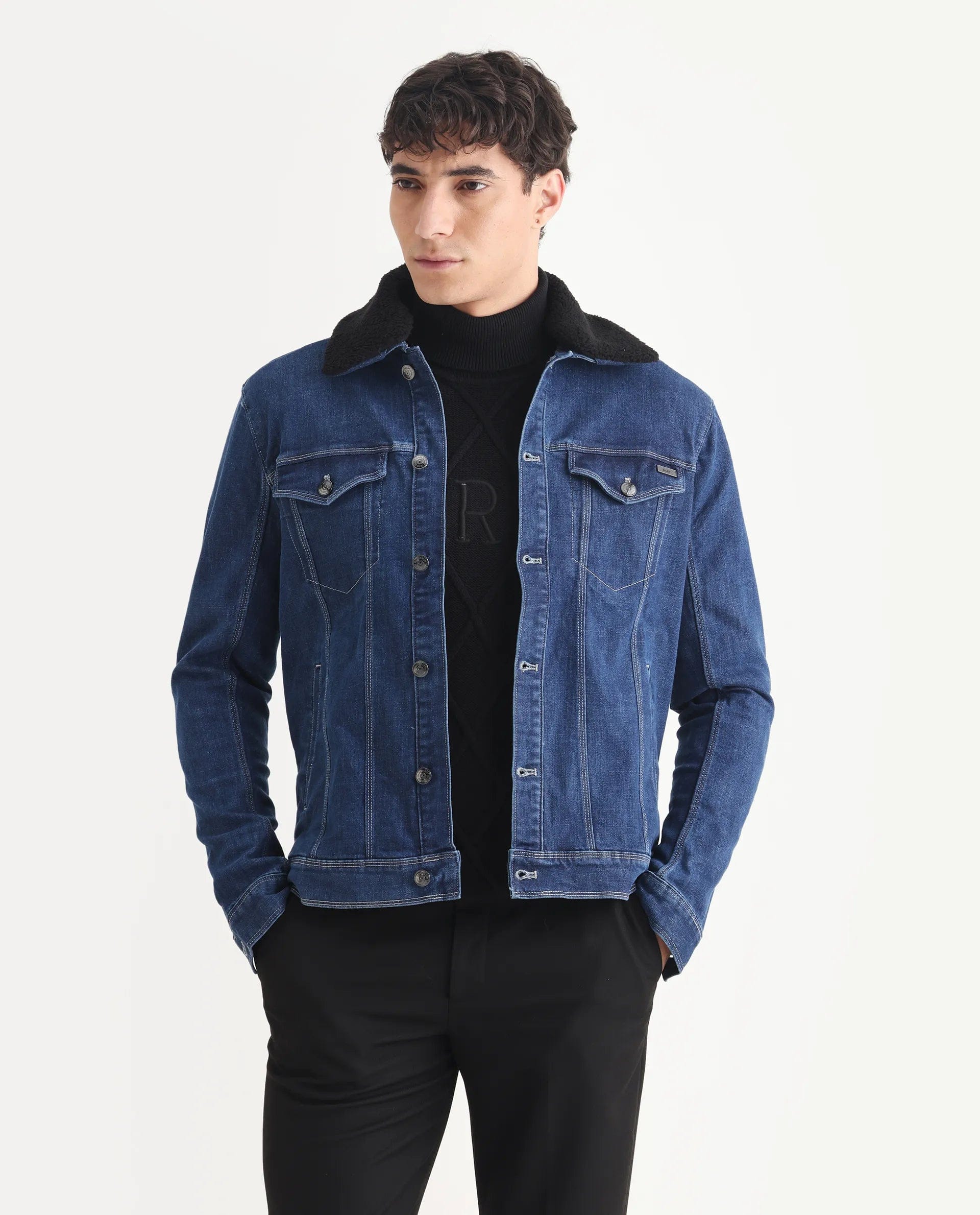 RARE Rabbit Men's Rubik Dark Blue Cotton Plain Regular Fit Full Sleeve Spread Collar Jacket