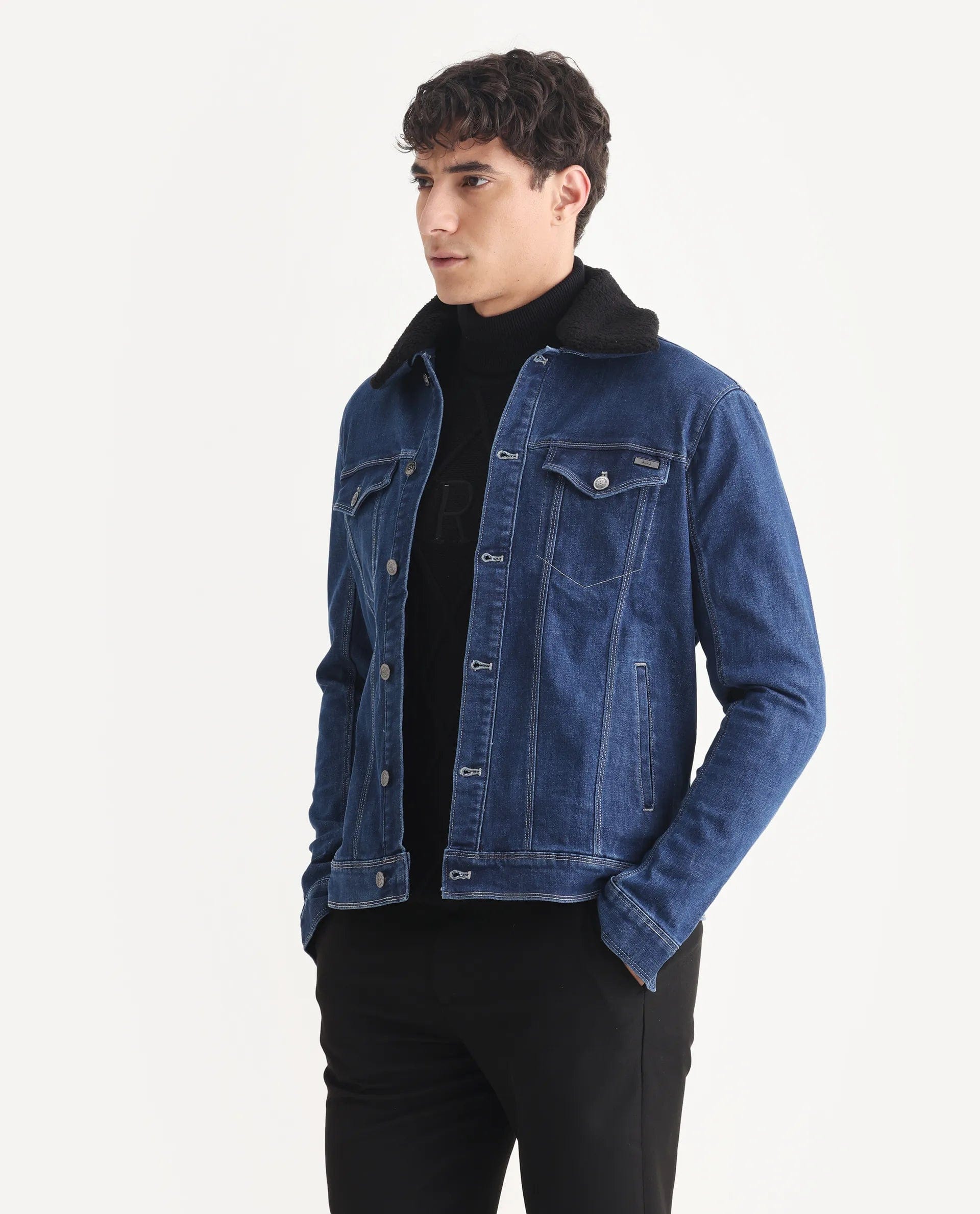 RARE Rabbit Men's Rubik Dark Blue Cotton Plain Regular Fit Full Sleeve Spread Collar Jacket