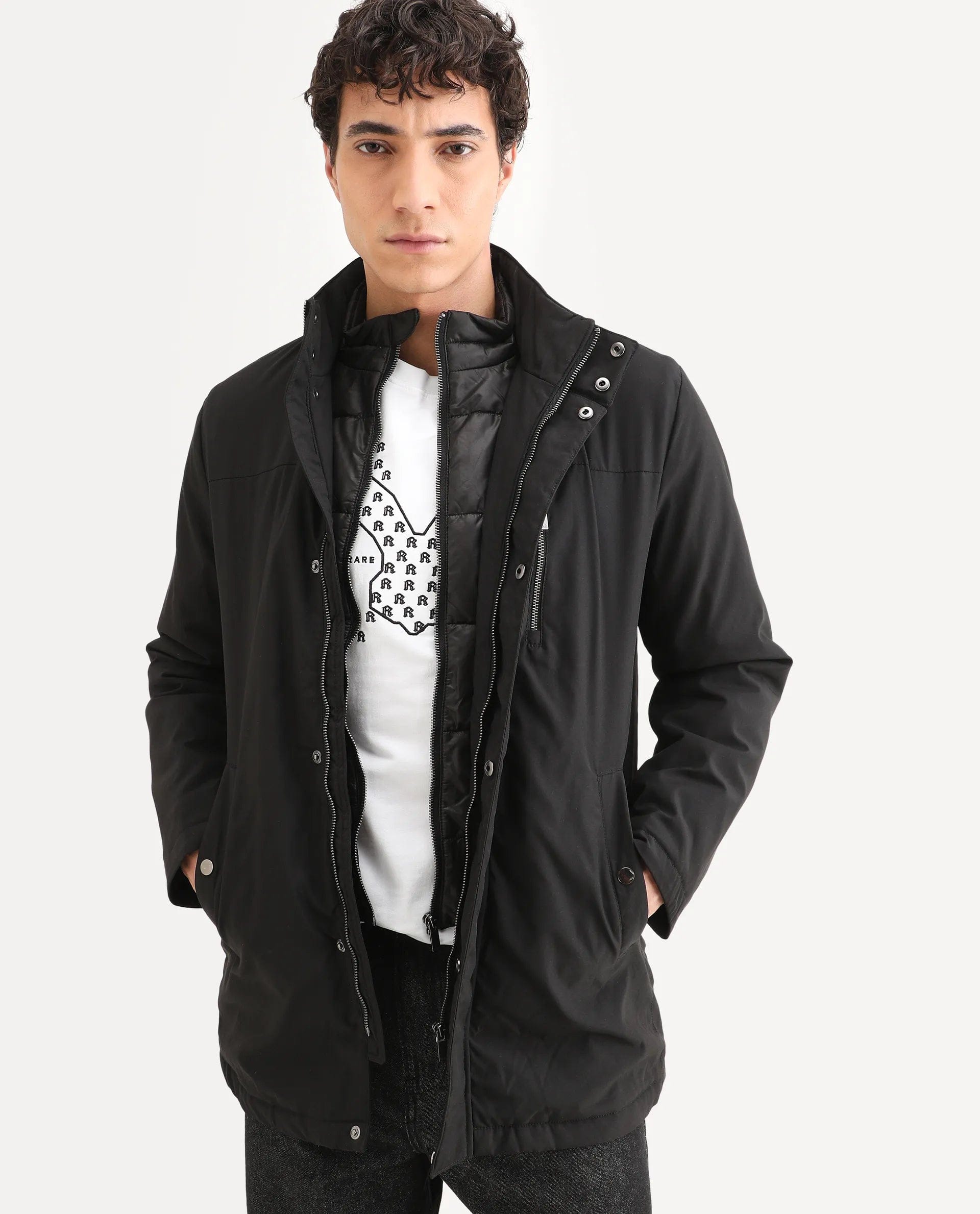 RARE Rabbit Men's Macaw Black Nylon Plain Regular Fit Full Sleeve High Neck Jacket