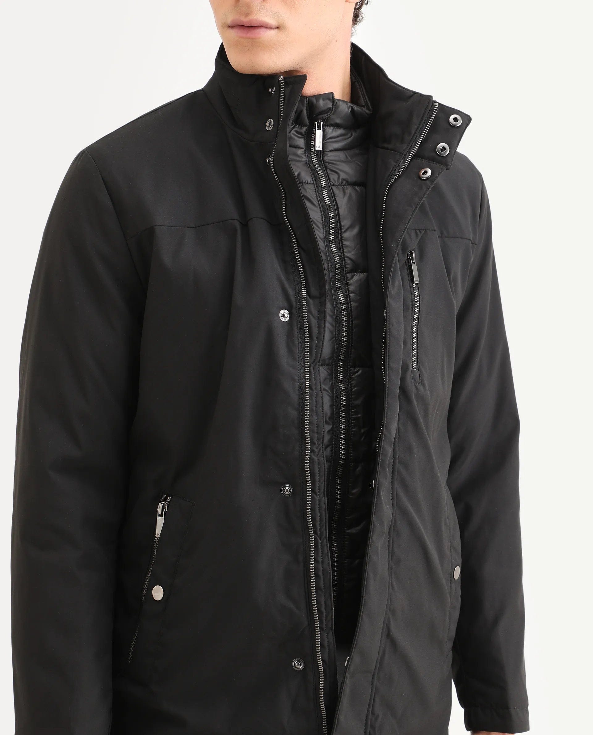 RARE Rabbit Men's Macaw Black Nylon Plain Regular Fit Full Sleeve High Neck Jacket
