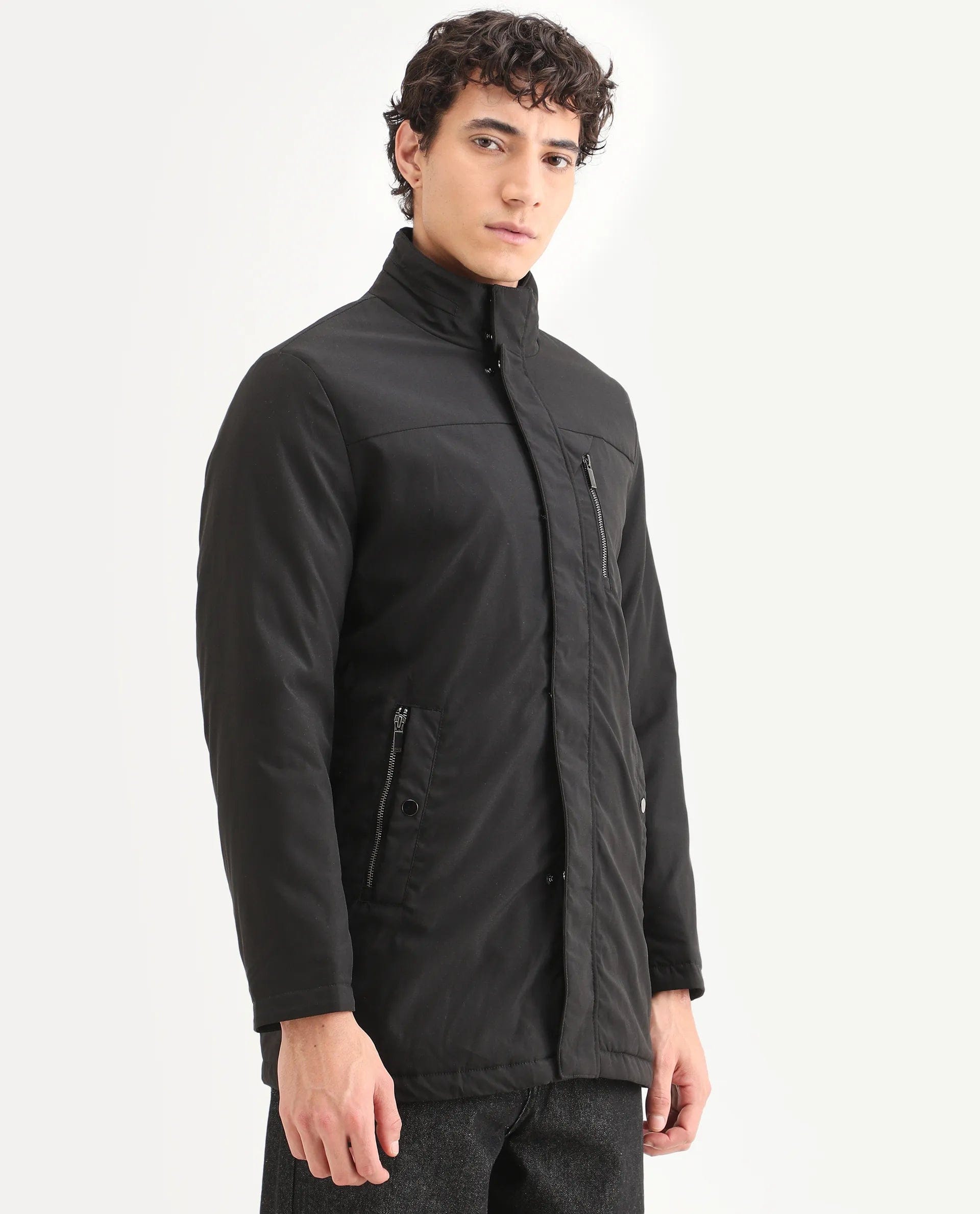 RARE Rabbit Men's Macaw Black Nylon Plain Regular Fit Full Sleeve High Neck Jacket