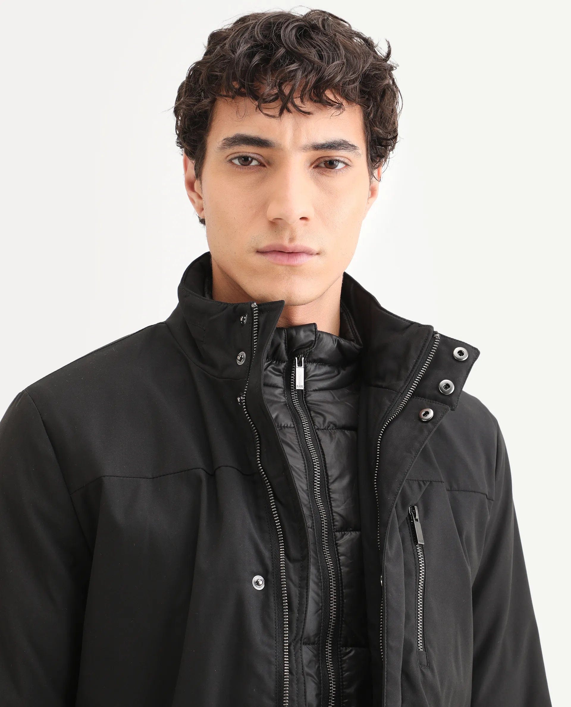 RARE Rabbit Men's Macaw Black Nylon Plain Regular Fit Full Sleeve High Neck Jacket