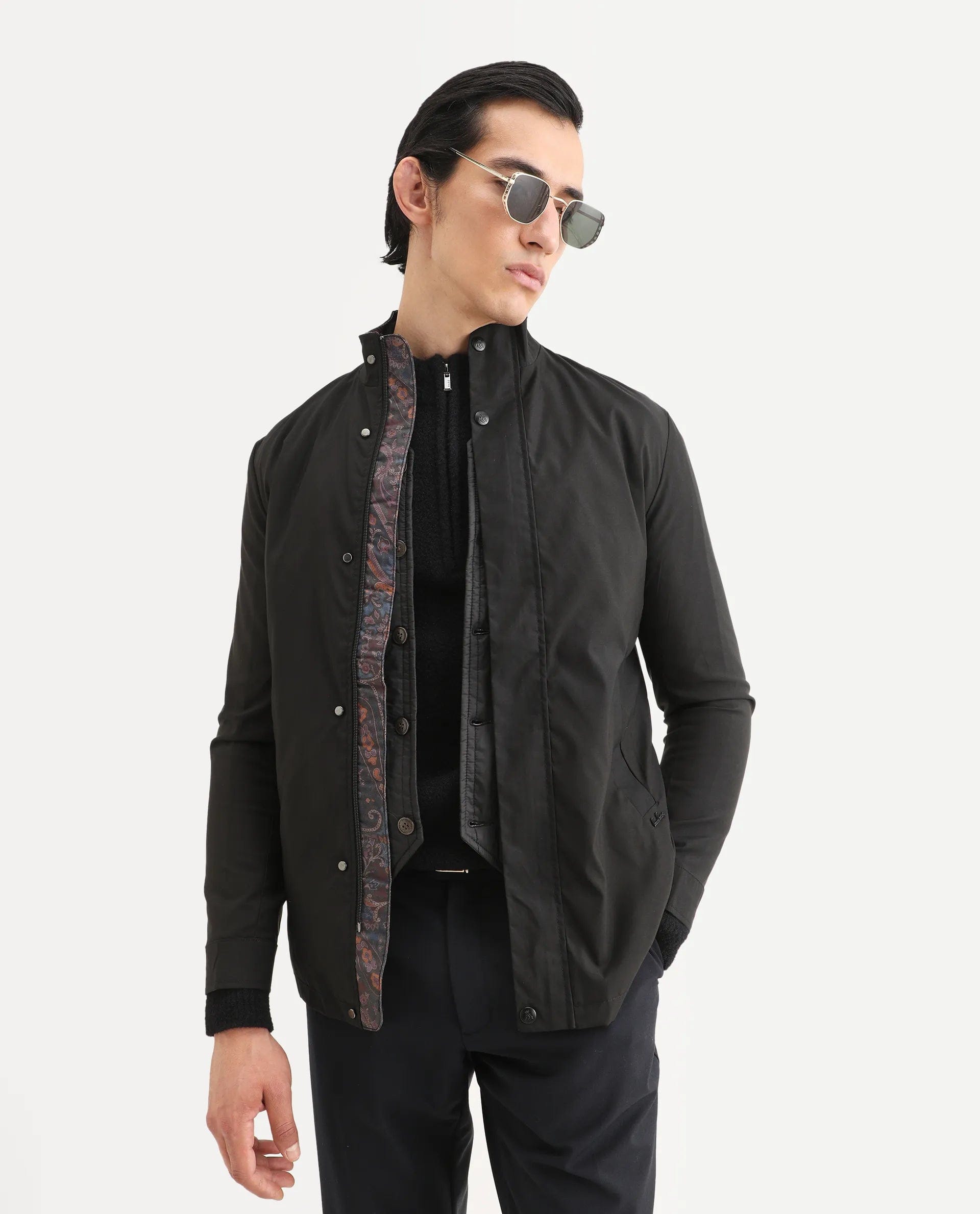 RARE Rabbit Men's Berry Black Polyester Plain Regular Fit Full Sleeve High Neck Jacket
