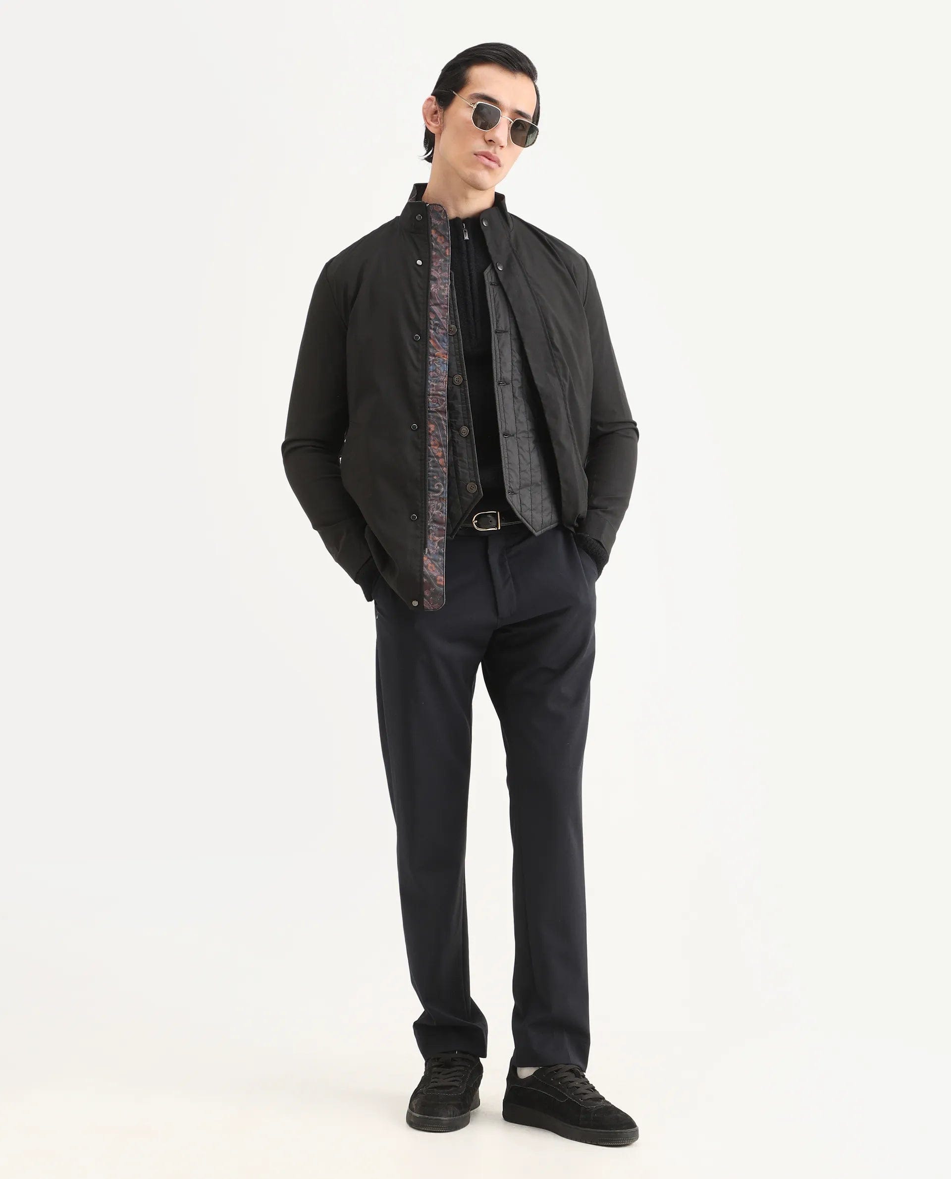 RARE Rabbit Men's Berry Black Polyester Plain Regular Fit Full Sleeve High Neck Jacket