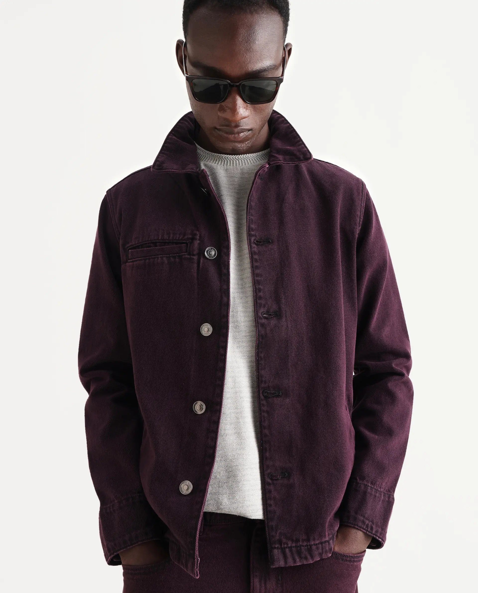 RARE Rabbit Men's Nio Dark Purple Cotton Plain Regular Fit Full Sleeve Spread Collar Jacket