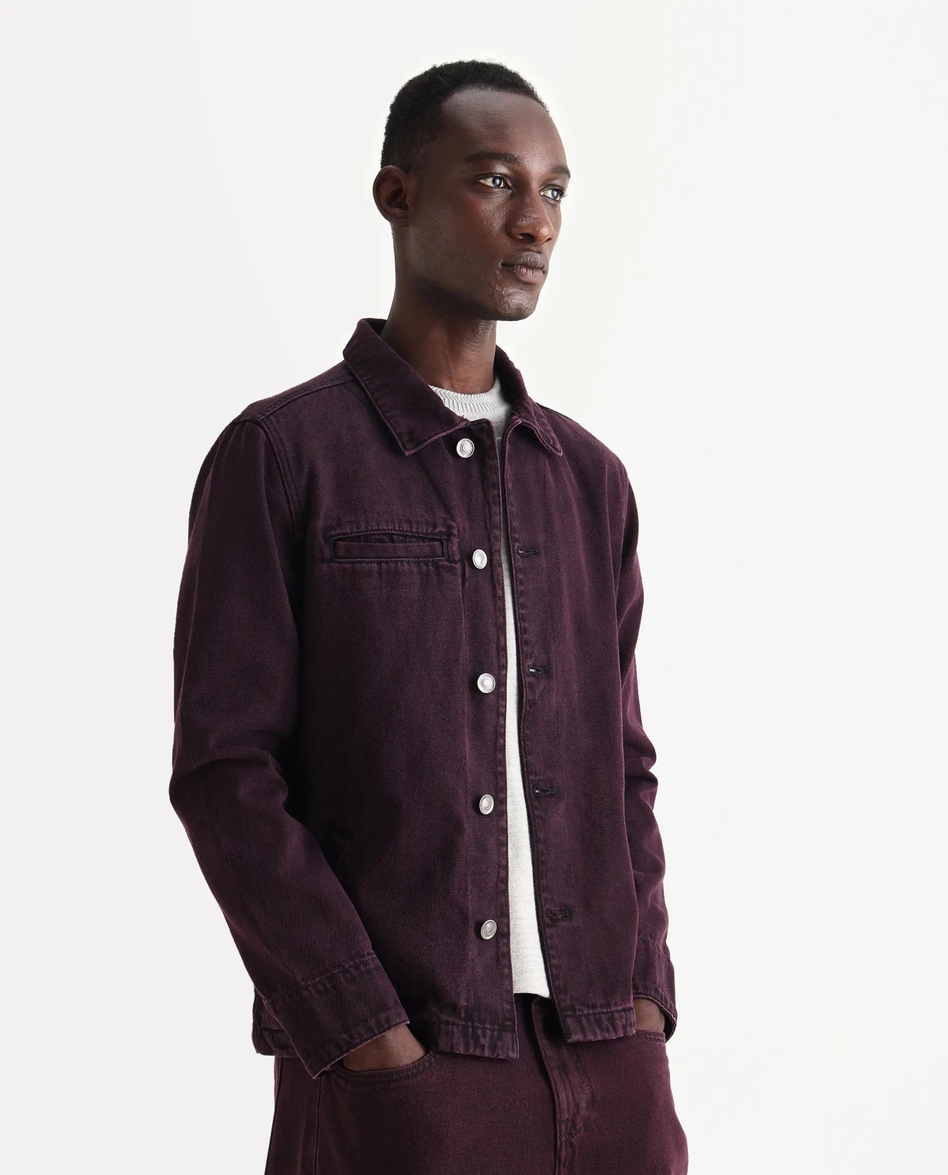 RARE Rabbit Men's Nio Dark Purple Cotton Plain Regular Fit Full Sleeve Spread Collar Jacket