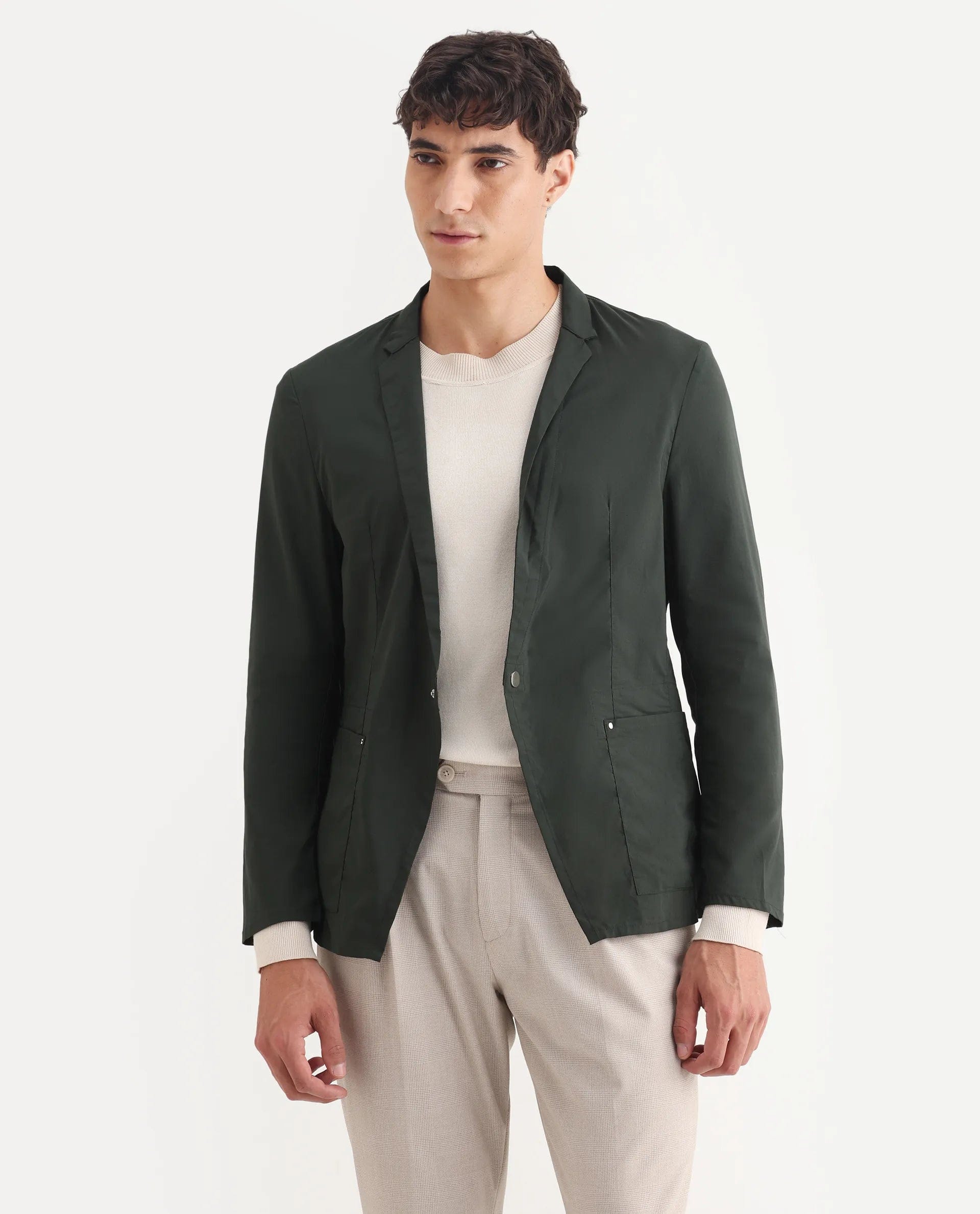 RARE Rabbit Men's Glaze Green Cotton Blend Plain Regular Fit Full Sleeve Lapel Neck Jacket