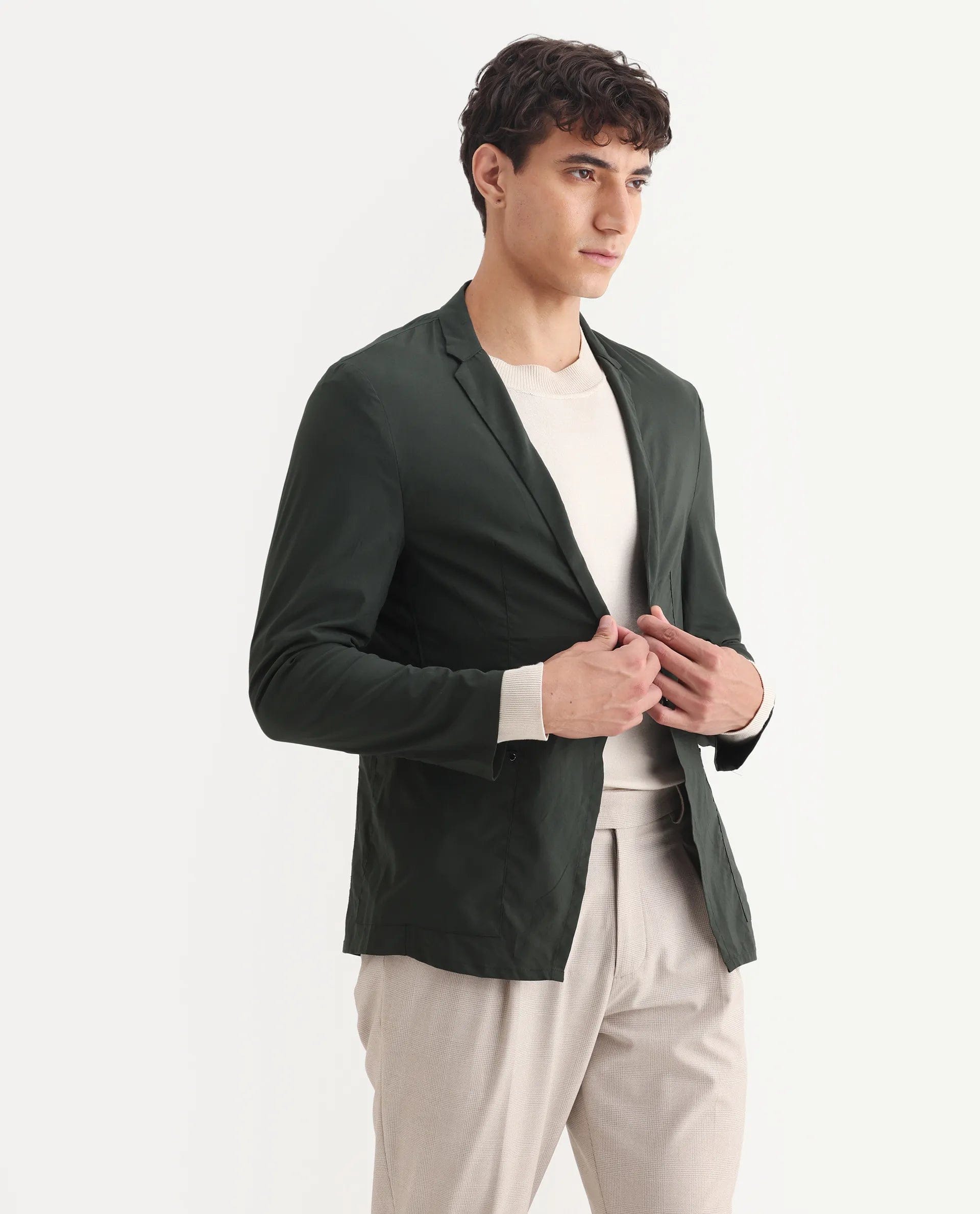 RARE Rabbit Men's Glaze Green Cotton Blend Plain Regular Fit Full Sleeve Lapel Neck Jacket