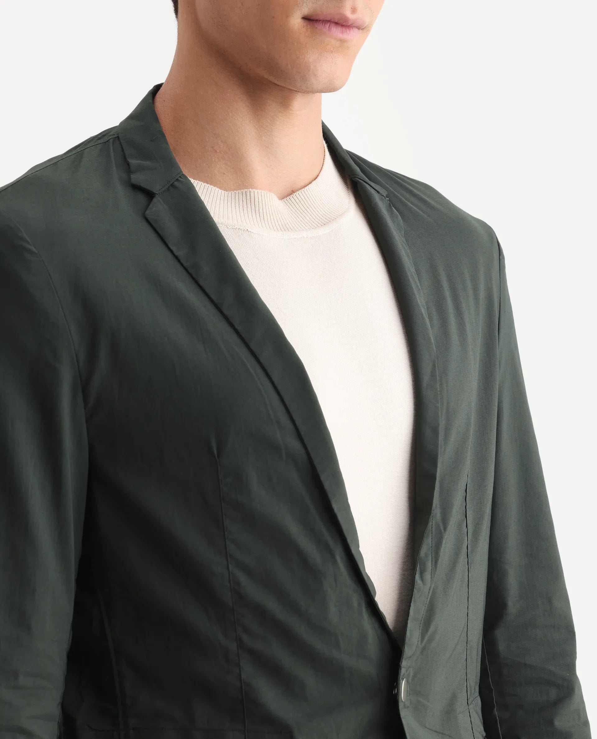 RARE Rabbit Men's Glaze Green Cotton Blend Plain Regular Fit Full Sleeve Lapel Neck Jacket