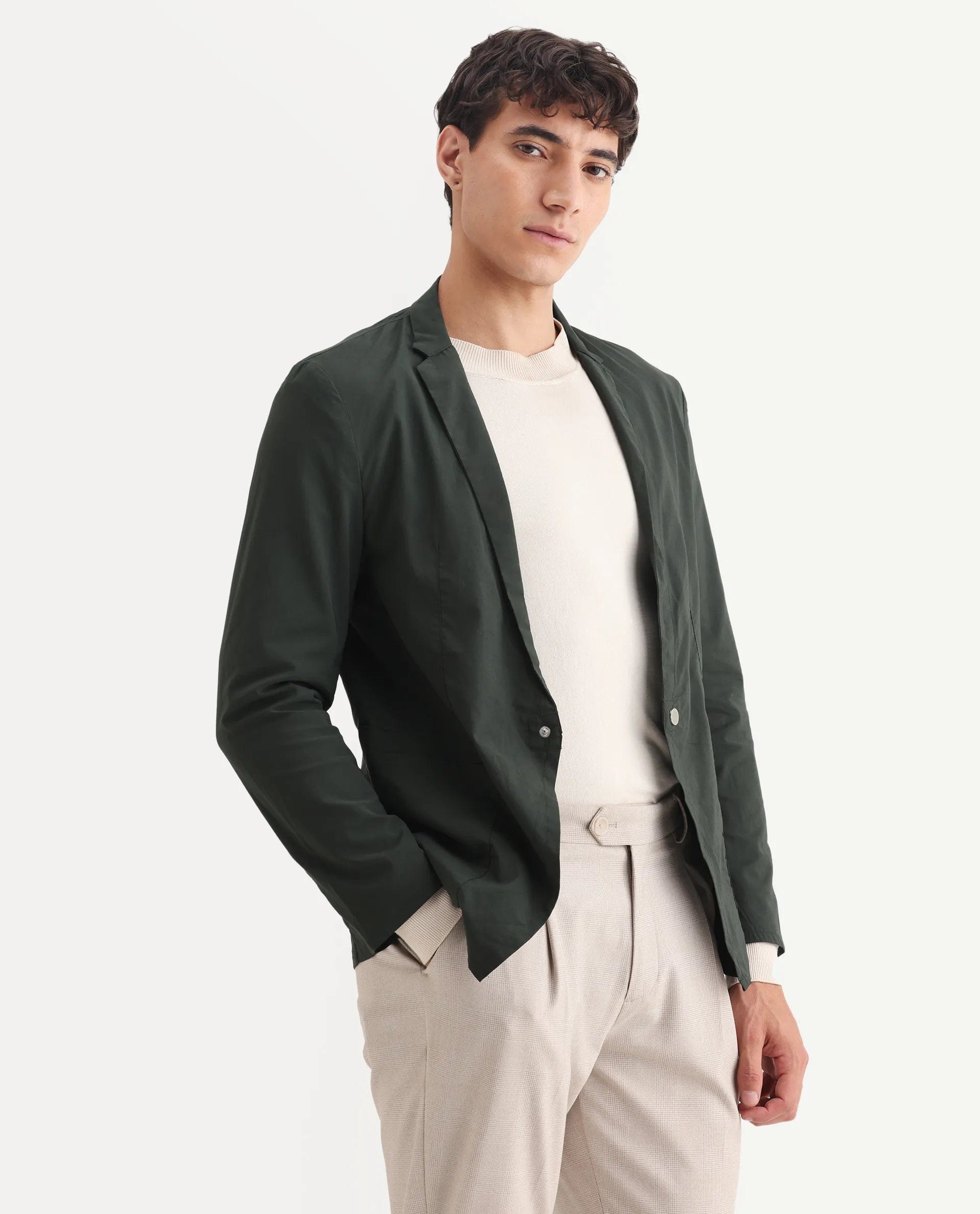 RARE Rabbit Men's Glaze Green Cotton Blend Plain Regular Fit Full Sleeve Lapel Neck Jacket