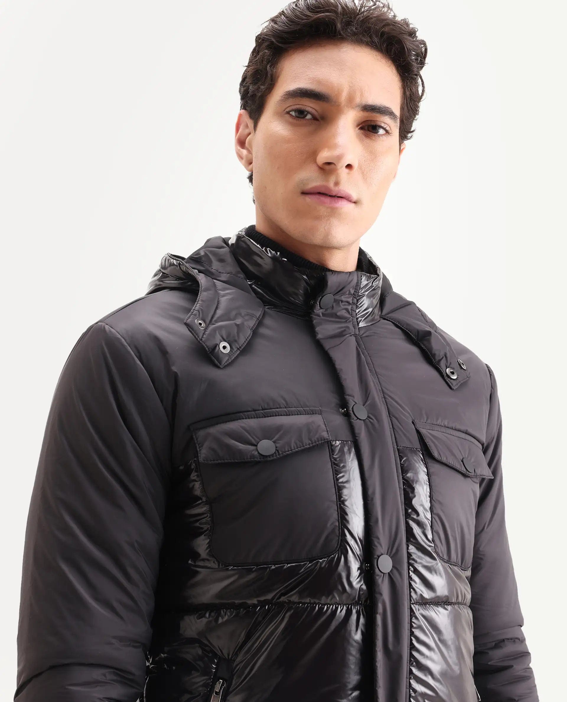 RARE Rabbit Men's Ragon Black Polyester Plain Relaxed Fit Full Sleeve Hooded Jacket