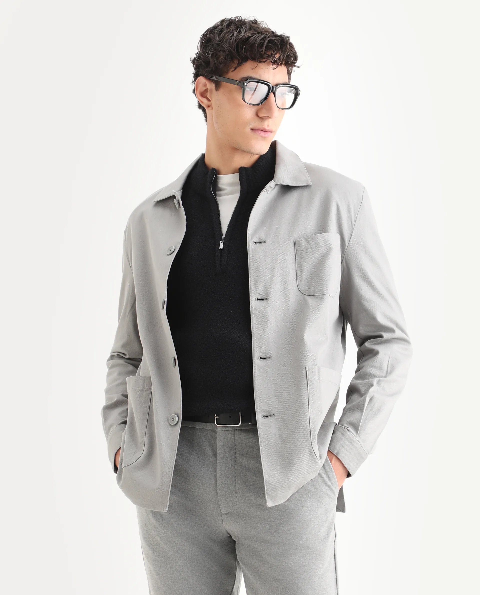 RARE Rabbit Men's Cotton Blend Plain Regular Fit Full Sleeve Spread Collar Jacket