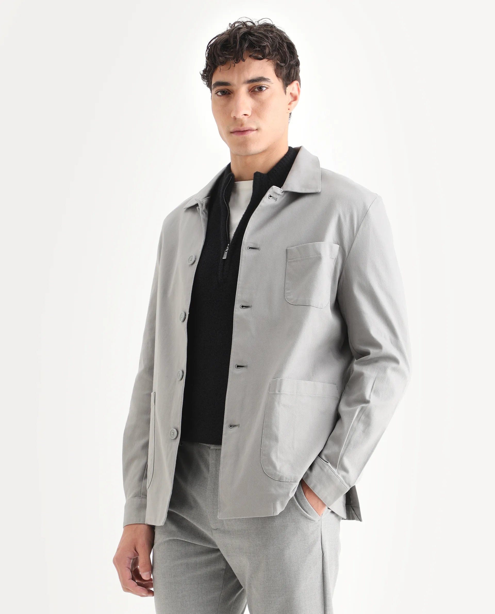 RARE Rabbit Men's Cotton Blend Plain Regular Fit Full Sleeve Spread Collar Jacket