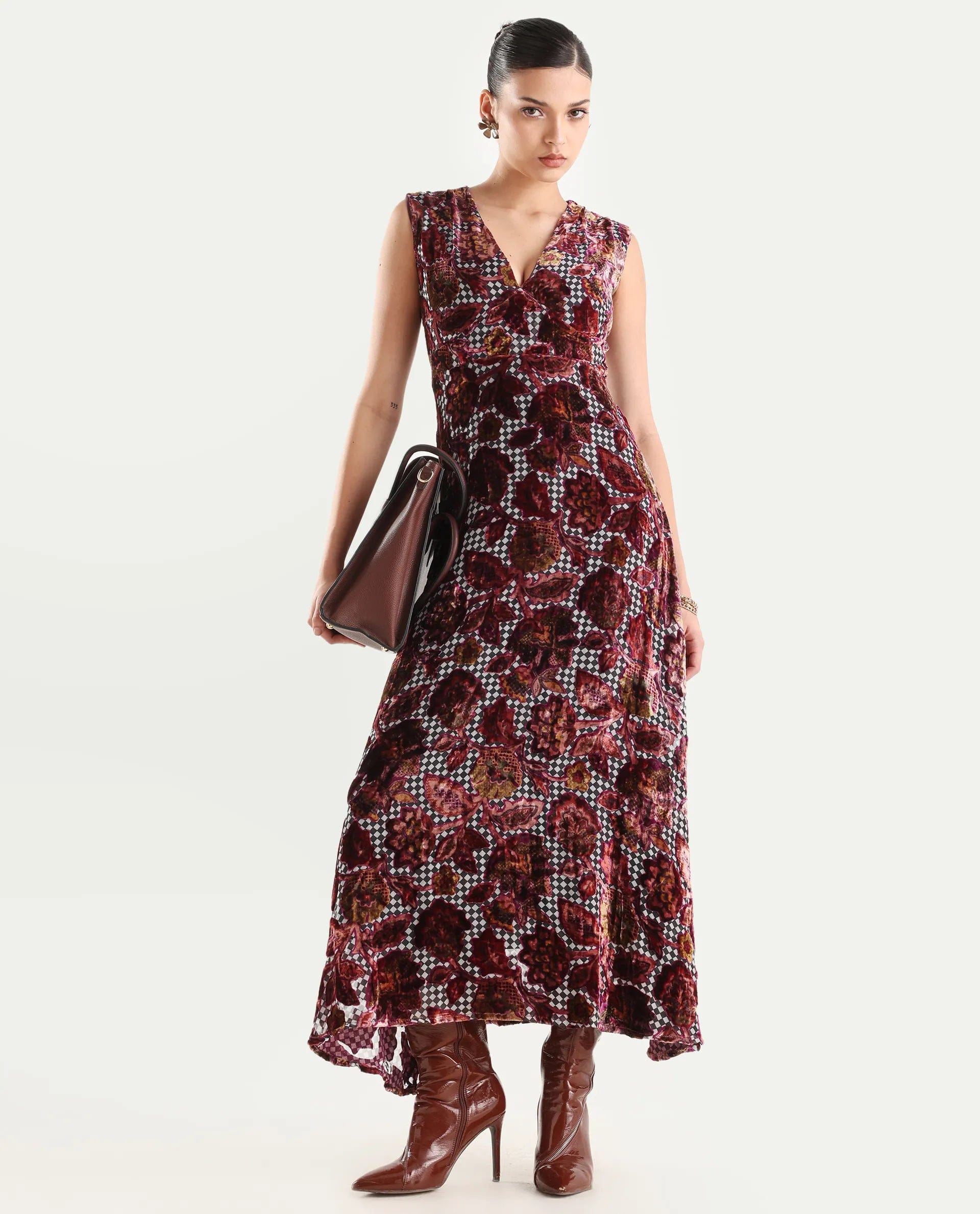 Rareism Women's Manila Multi Velvet V - Neck Floral Print Maxi Fit And Flare Dress