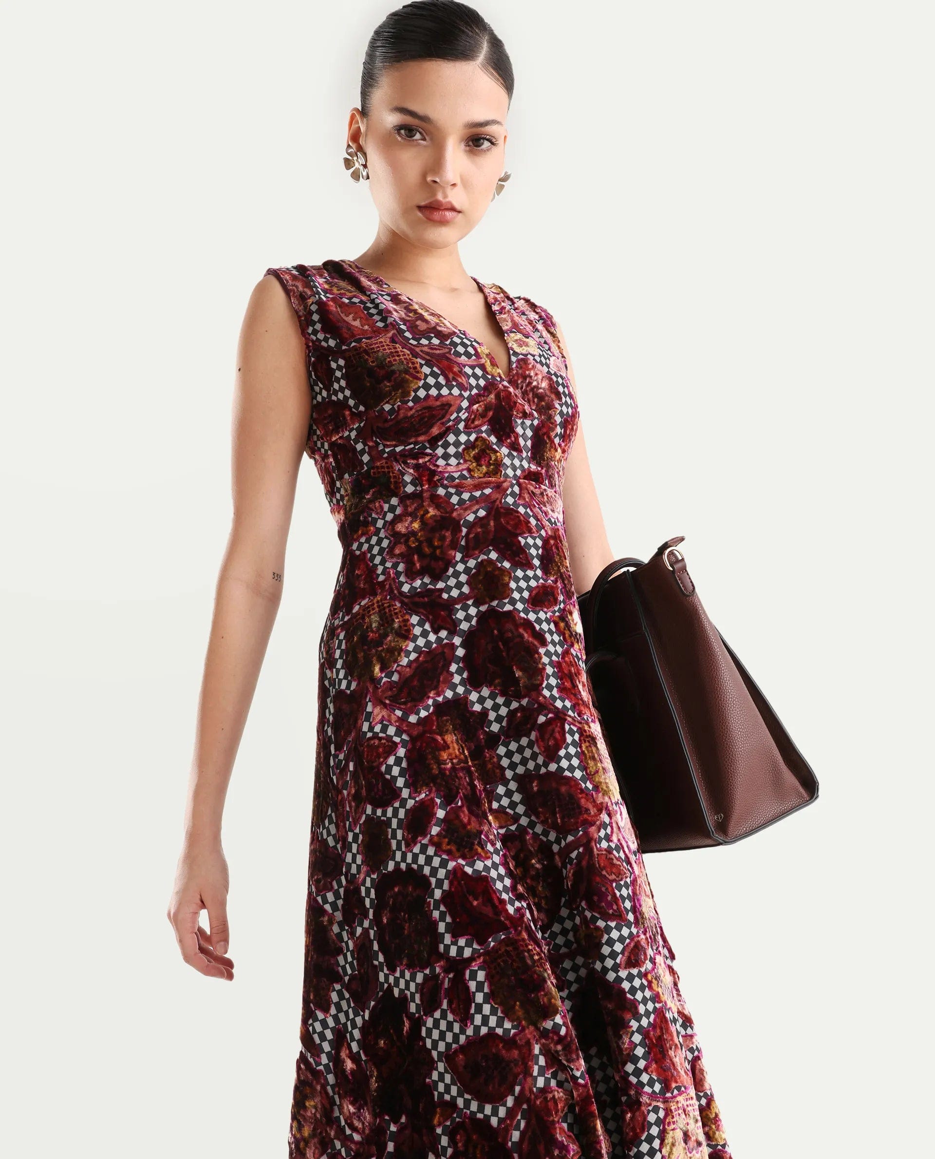 Rareism Women's Manila Multi Velvet V - Neck Floral Print Maxi Fit And Flare Dress