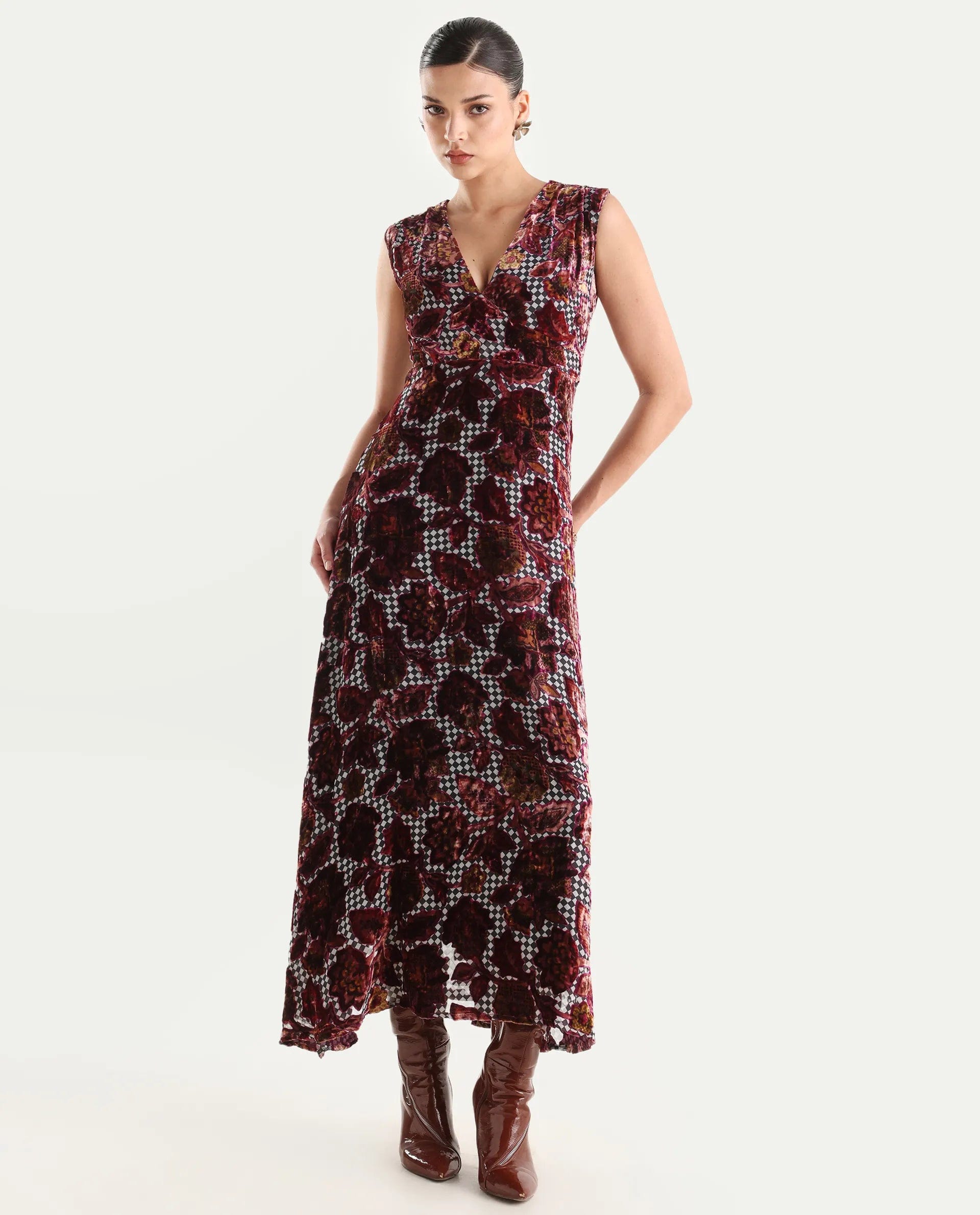 Rareism Women's Manila Multi Velvet V - Neck Floral Print Maxi Fit And Flare Dress