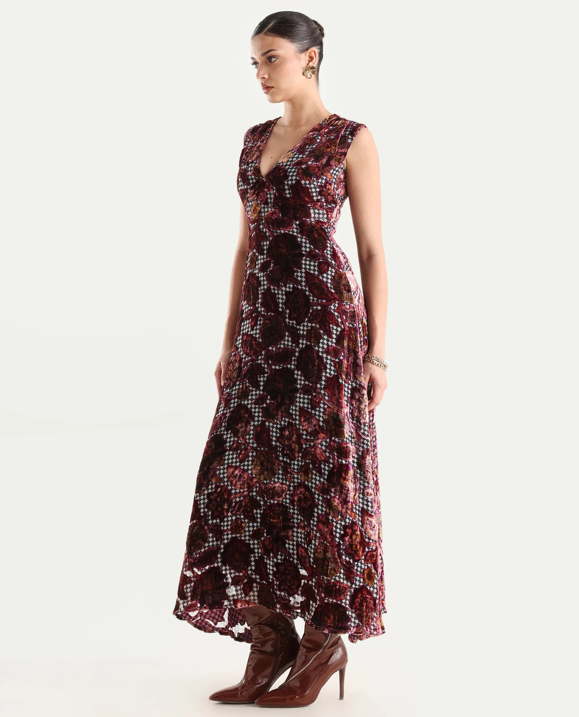 Rareism Women's Manila Multi Velvet V - Neck Floral Print Maxi Fit And Flare Dress