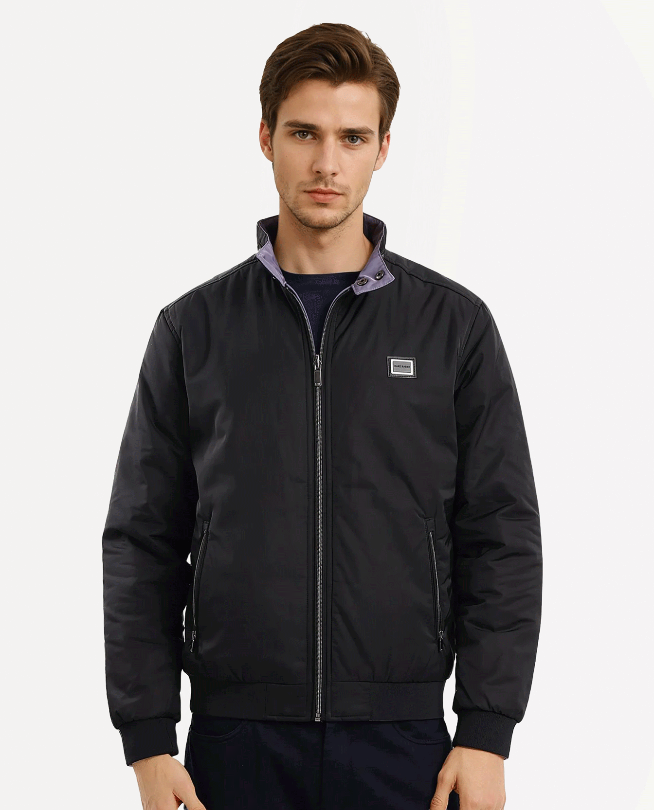 RARE Rabbit Men's Royban - 2 Black Polyester Plain Regular Fit Full Sleeve High Neck Jacket