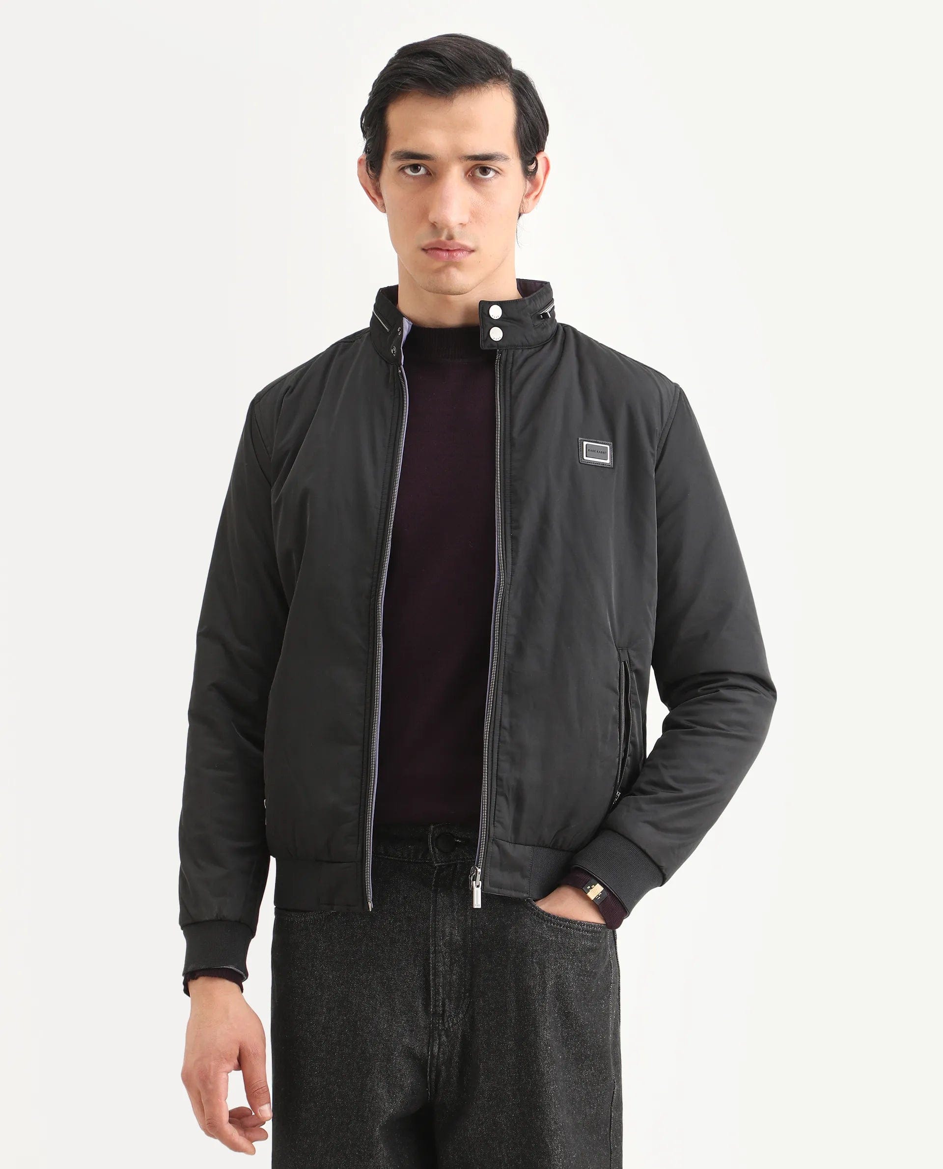 RARE Rabbit Men's Royban - 2 Black Polyester Plain Regular Fit Full Sleeve High Neck Jacket