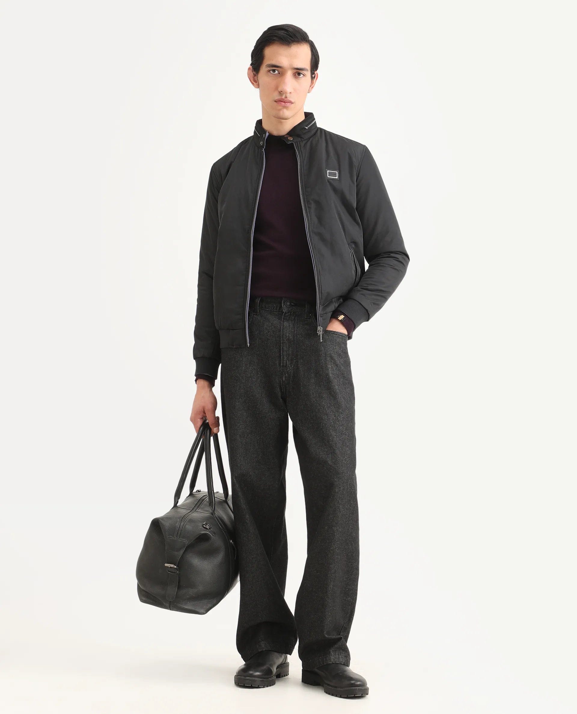 RARE Rabbit Men's Royban - 2 Black Polyester Plain Regular Fit Full Sleeve High Neck Jacket