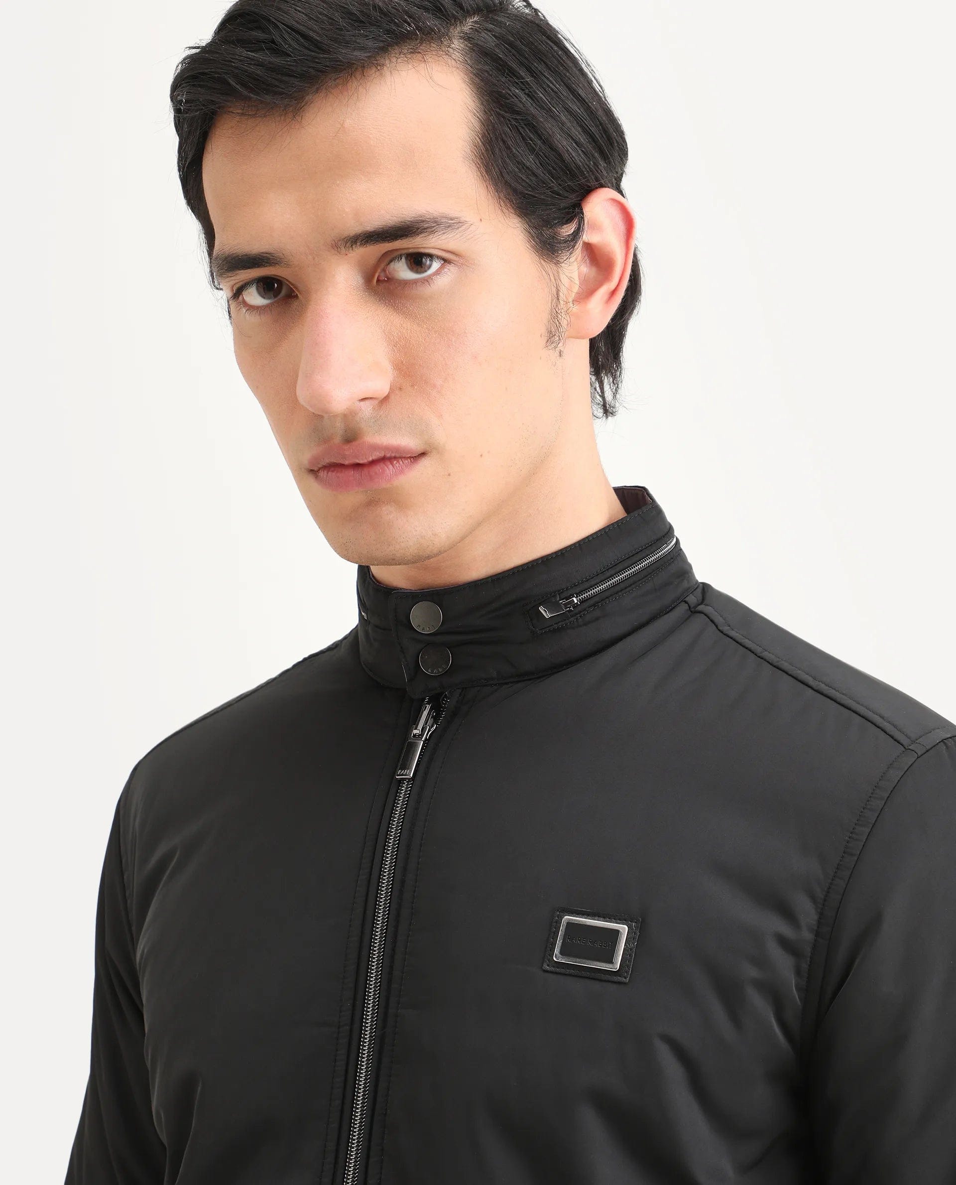 RARE Rabbit Men's Royban - 2 Black Polyester Plain Regular Fit Full Sleeve High Neck Jacket
