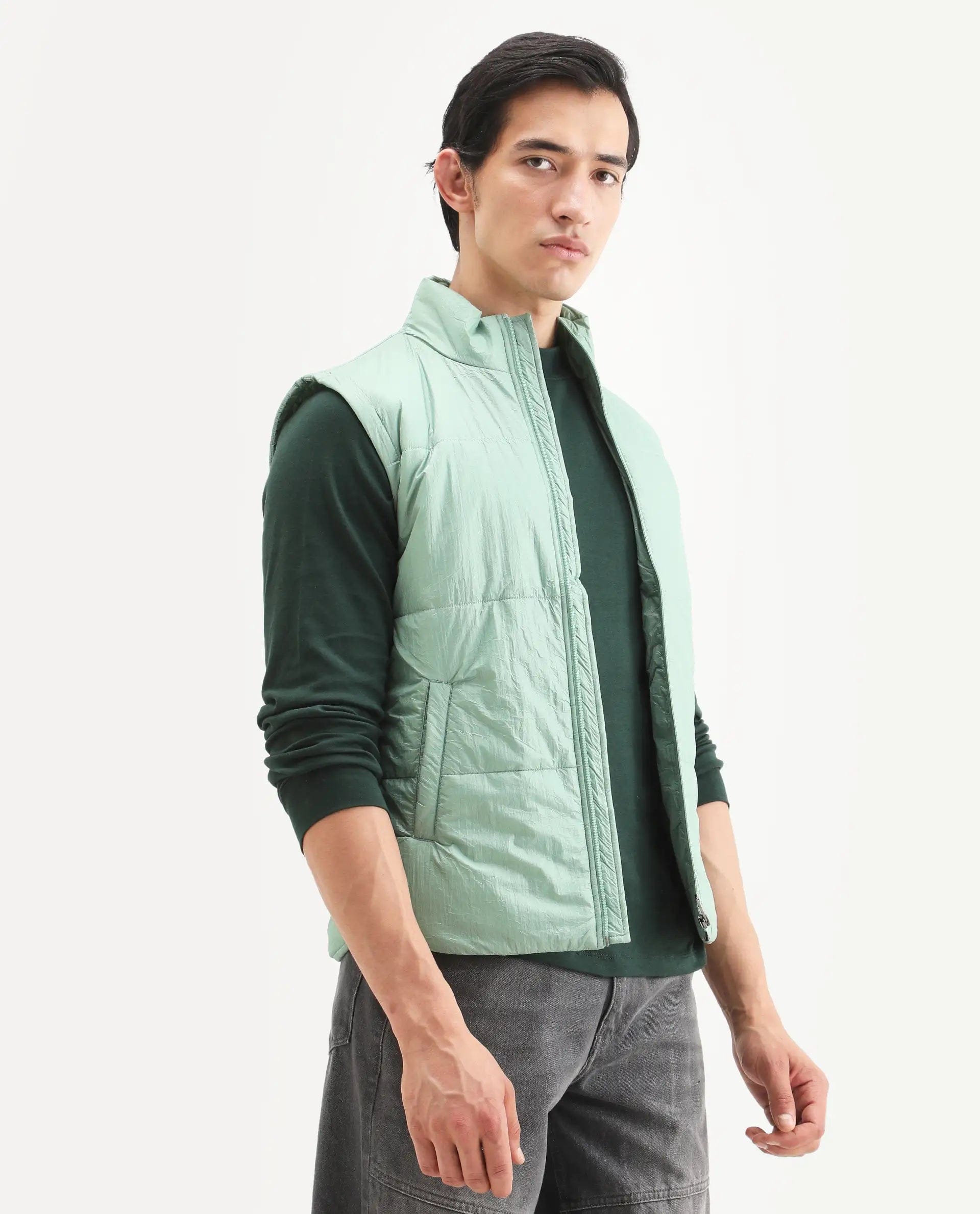 RARE Rabbit Men's Colson Light Green Polyester Plain Regular Fit Sleeveless High Neck Jacket